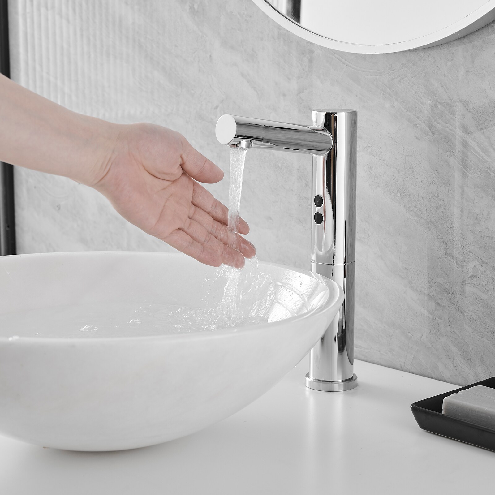 Polished Chrome Touchless Vessel Sink Faucet with Drain Assembly