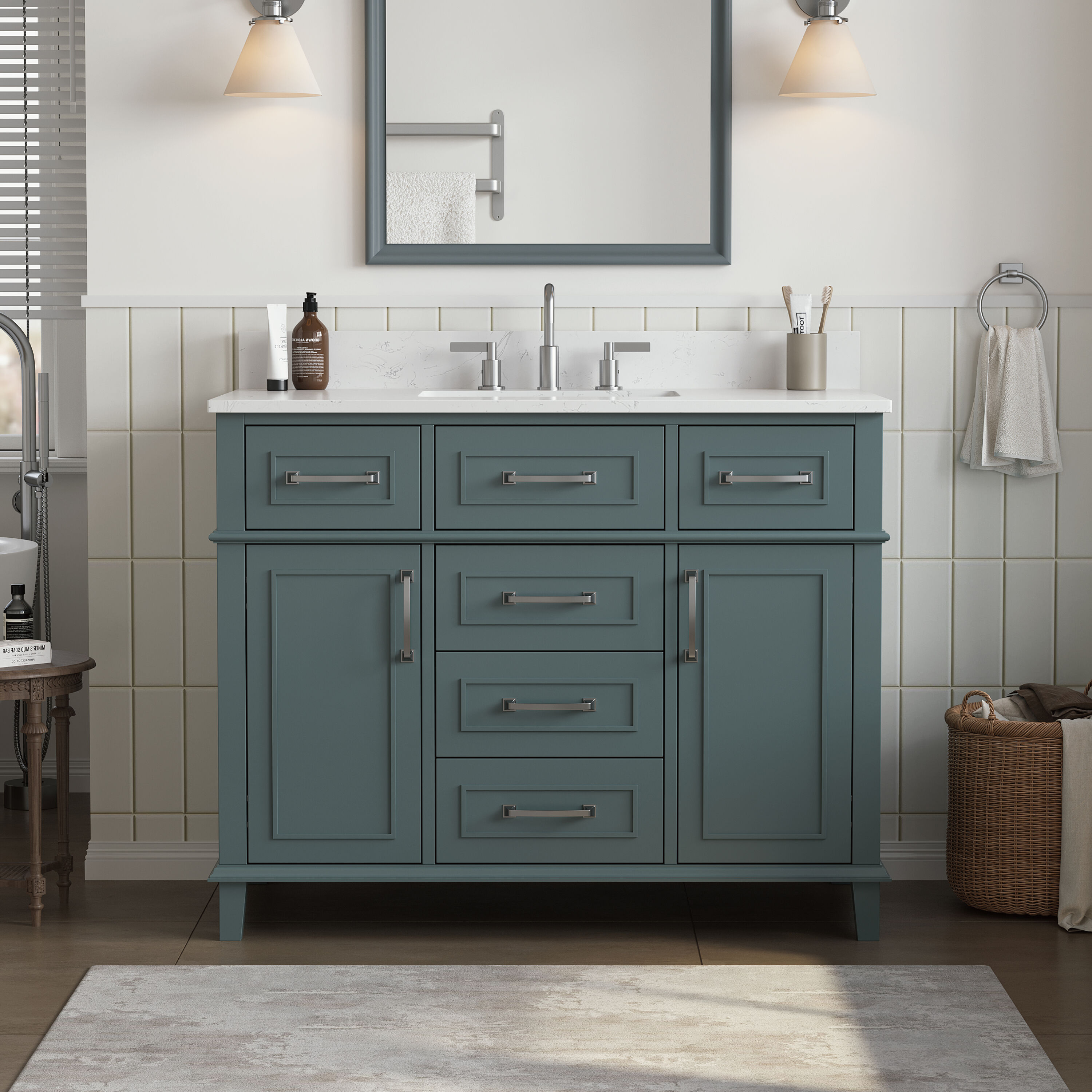 DELUXE LIVING V24026-42SG Neo 42-in Sea Green Undermount Single Sink Bathroom Vanity with Carrara white Engineered Marble Top