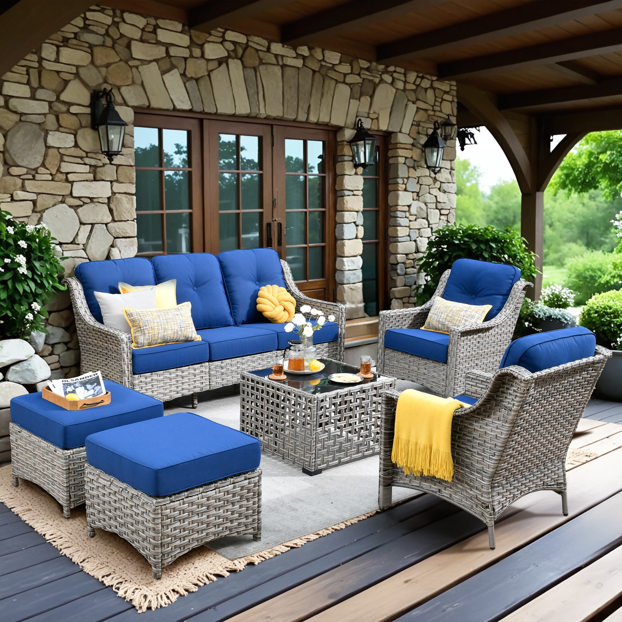 XIZZI XIPAD70064-T Pyrophyllite 6 -Piece Rattan Patio Sofa Conversation Set with Blue Cushions