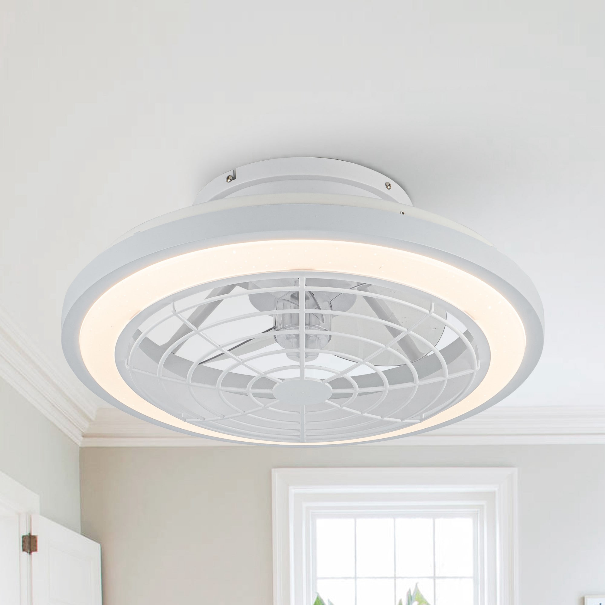 Parrot Uncle F8308110V 20-in Color-Changing Integrated LED Flush Mount White with Clear Blades Fandelier Ceiling Fan With Light - Remote Included ( 3 -Blade )
