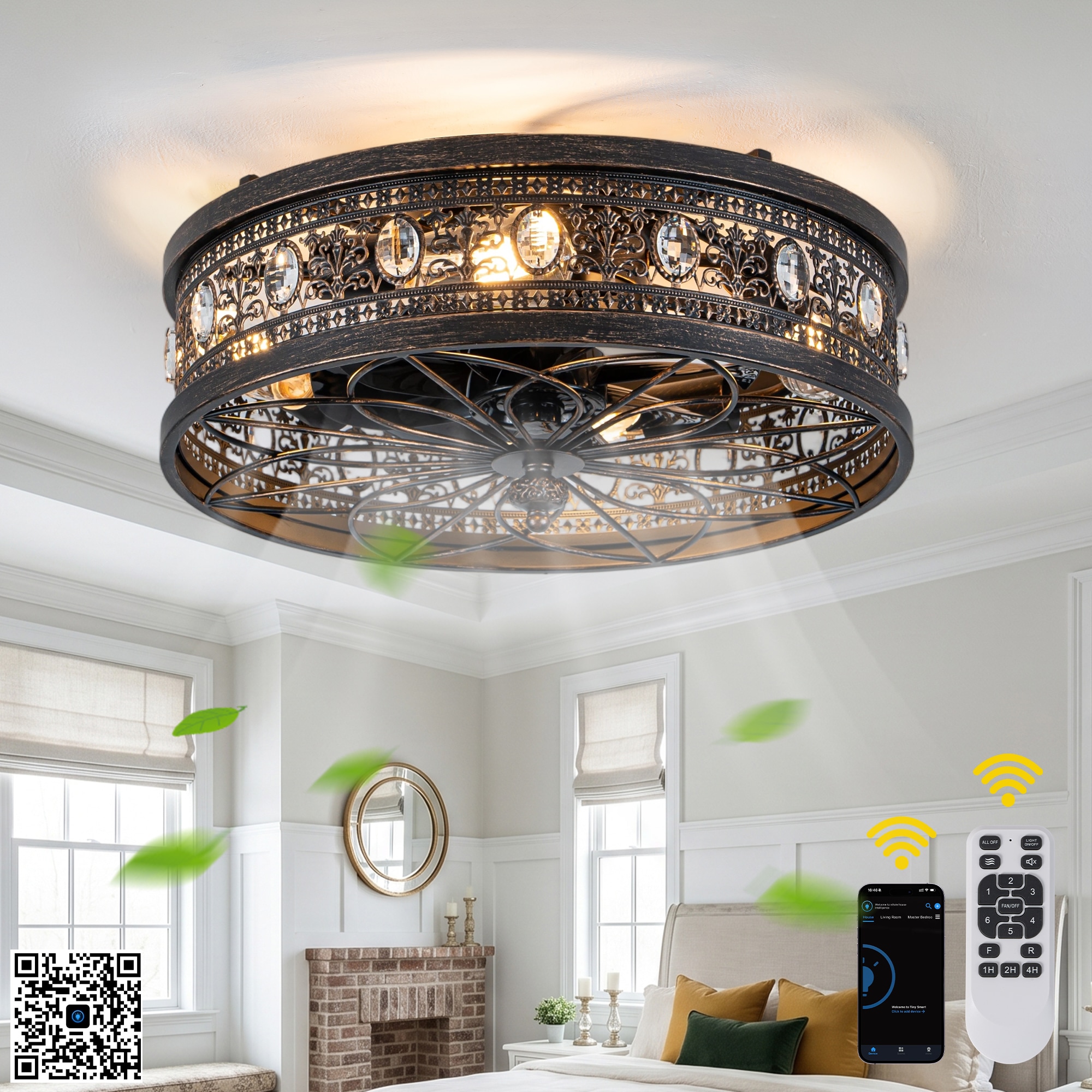 Bella Depot - Cratis 19-in Black Flush Mount Cage Ceiling Fan With Light and Remote Control Included