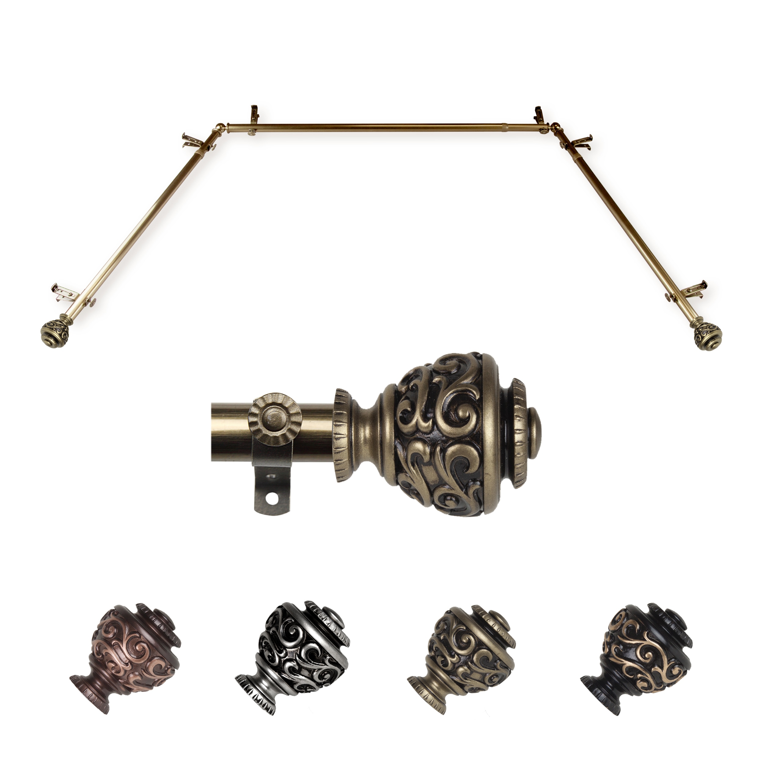 Hart & Harlow LO-ABAY-89-4 72-in to 144-in Antique Brass Steel Bay window curtain rod with Finials