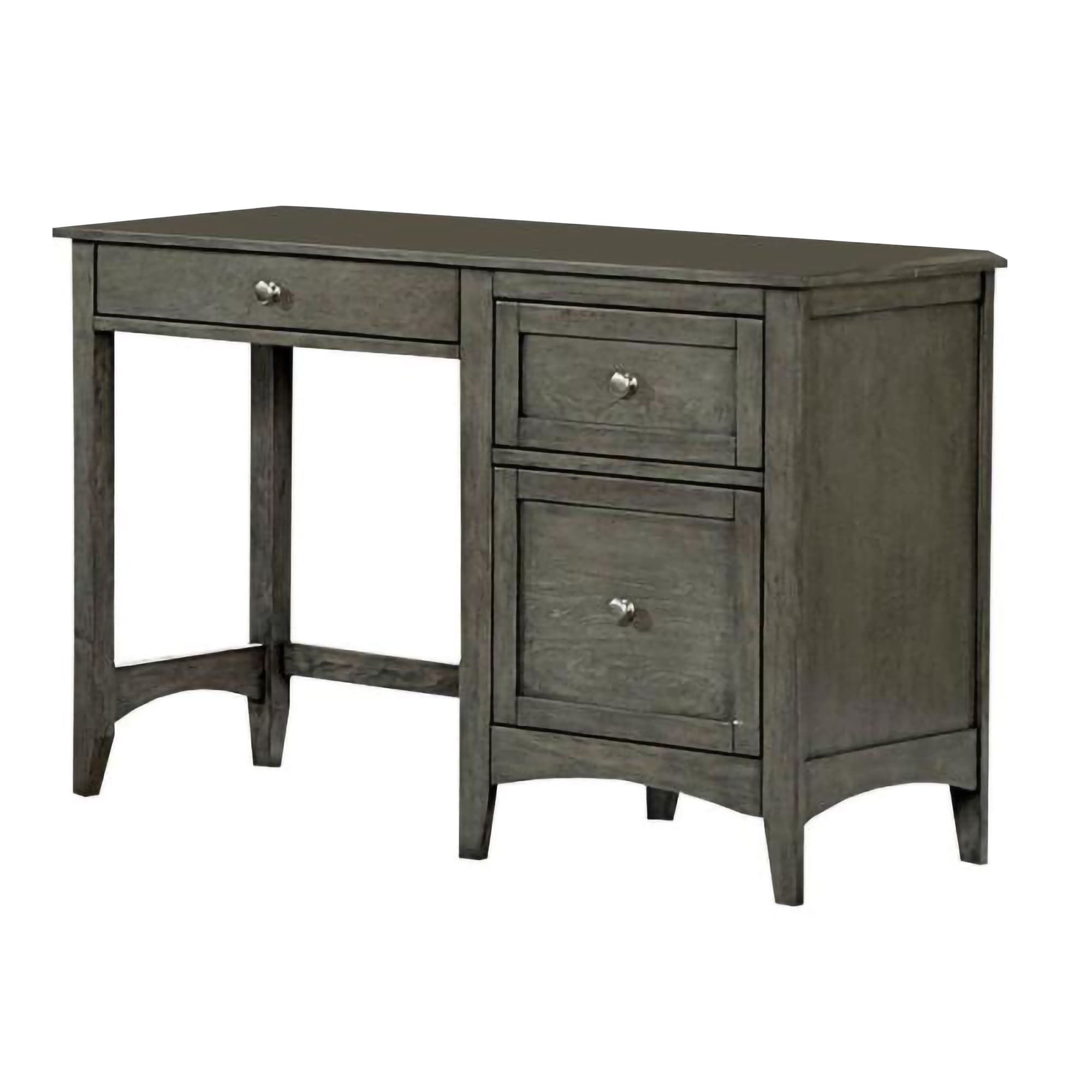 Elegant Gray Wooden Writing Desk with Keyboard Tray and Dual Drawers