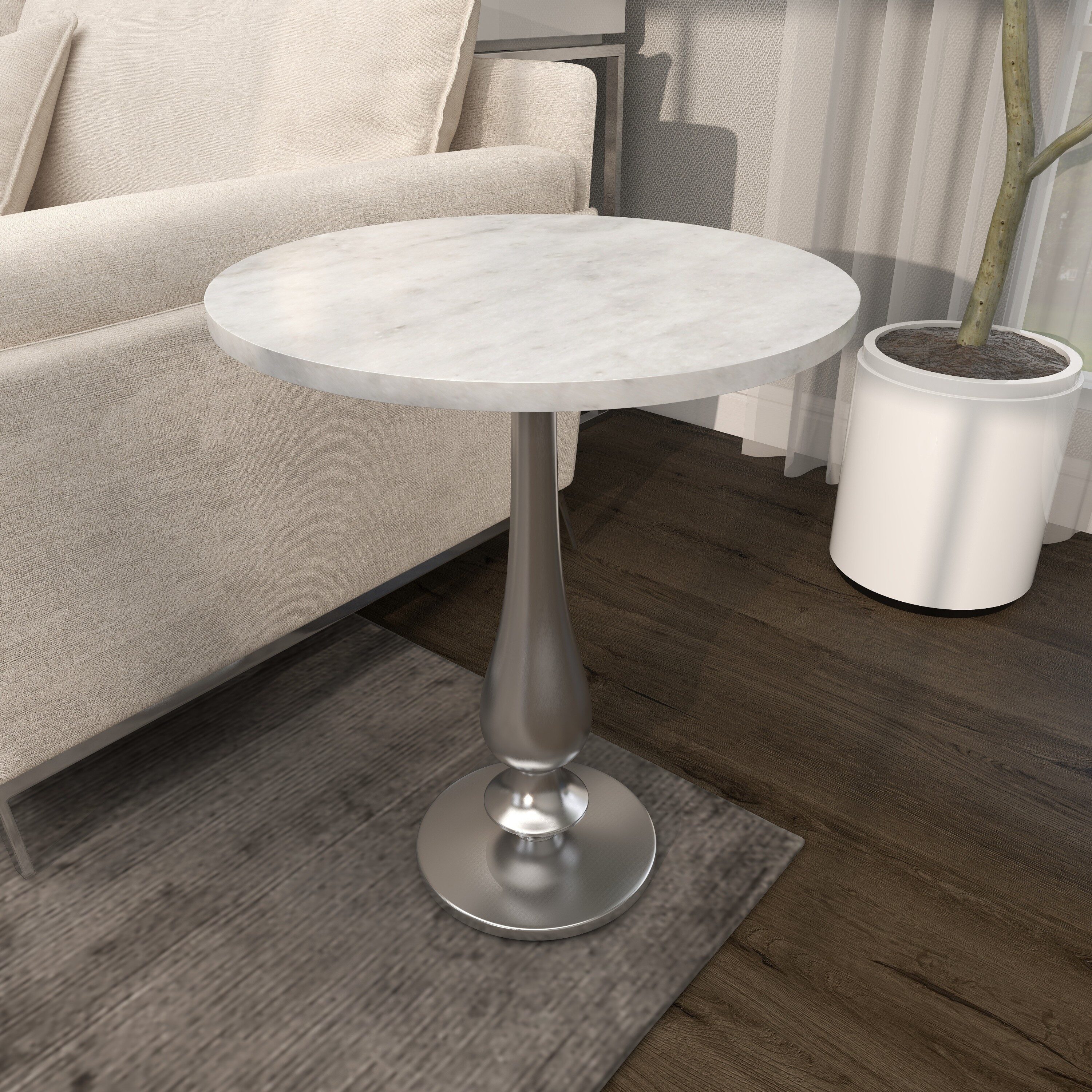 White Marble and Silver Aluminum Round Accent Table