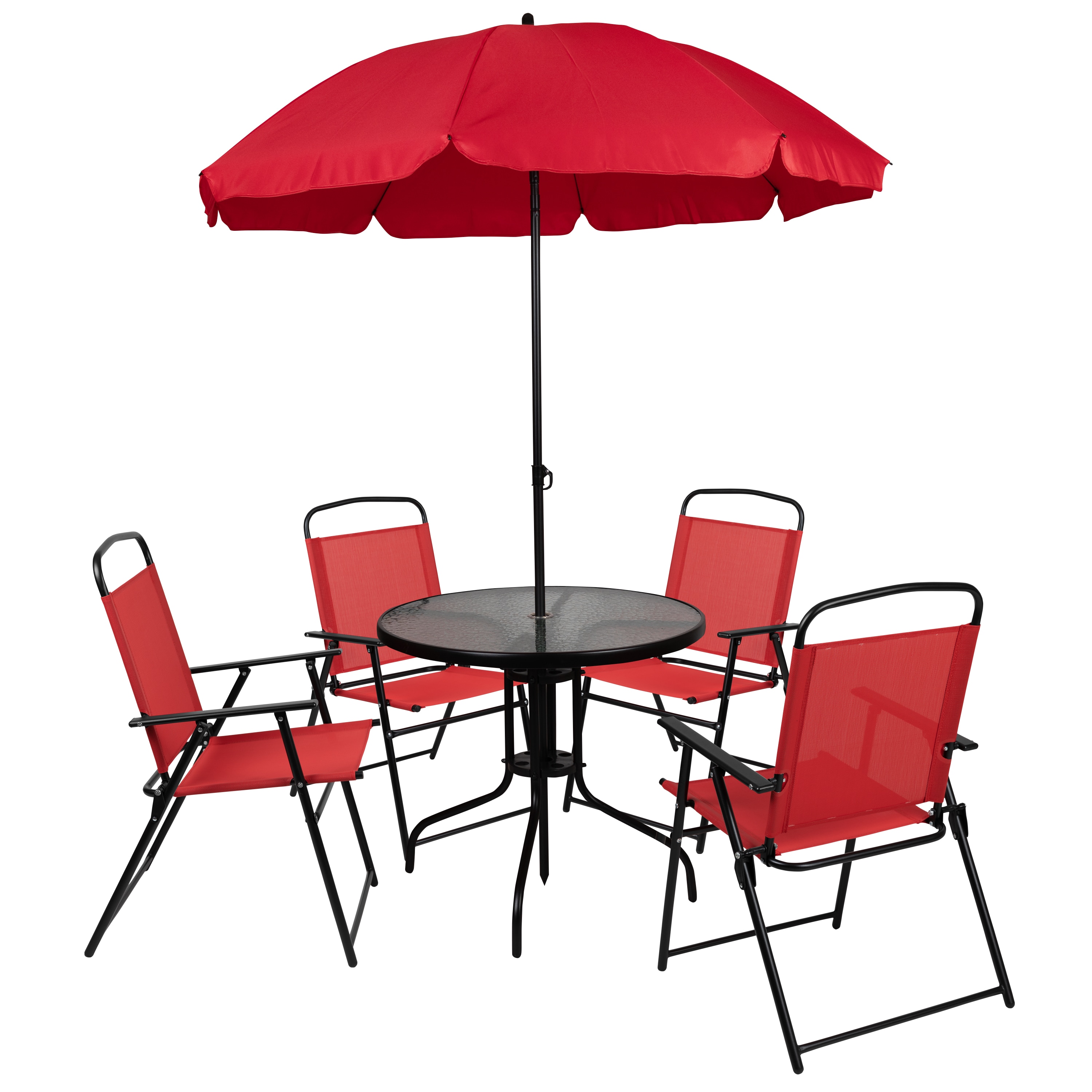 Flash Furniture 889142610427 Nantucket 6 Piece Red Patio Garden Set with Umbrella Table and Set of 4 Folding Chairs