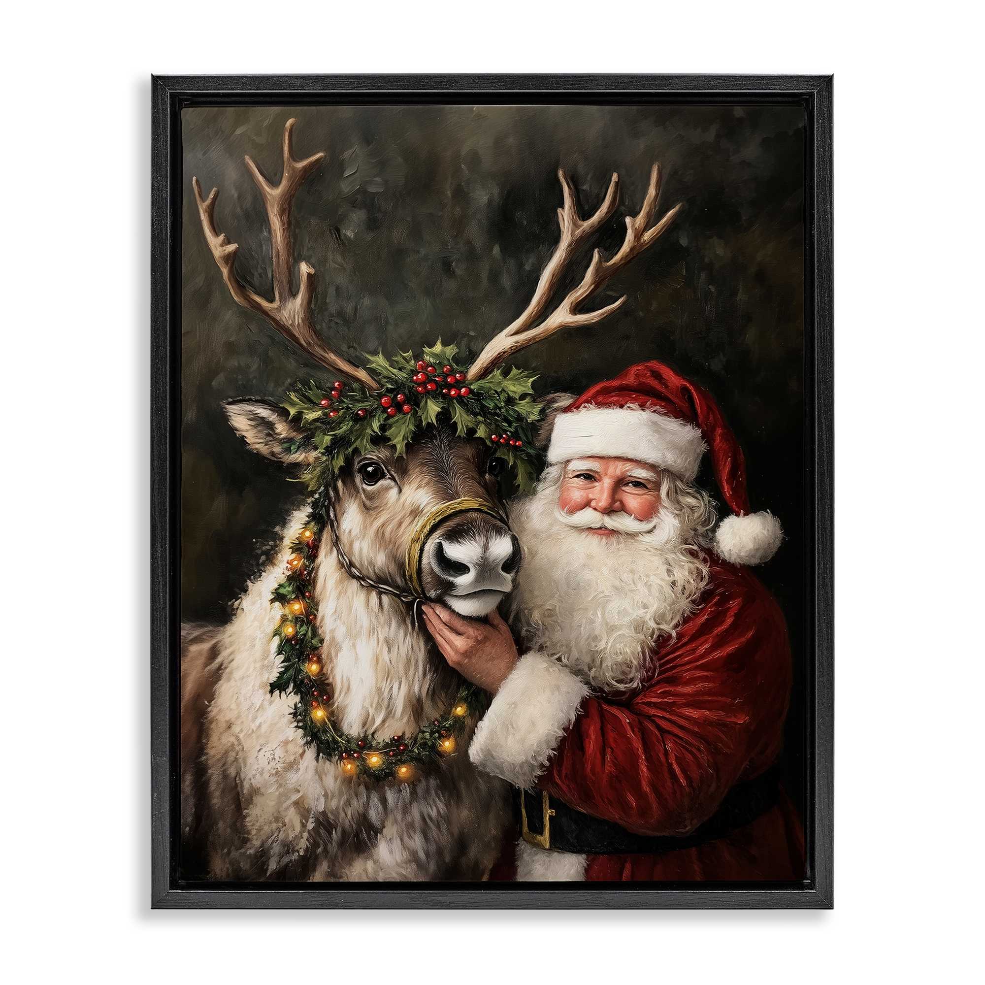 Stupell Industries BT-926-FFB-24X30 Santa and Reindeer Portrait Black Framed Floater Canvas Wall Art By Arlington Prints 25 x 31
