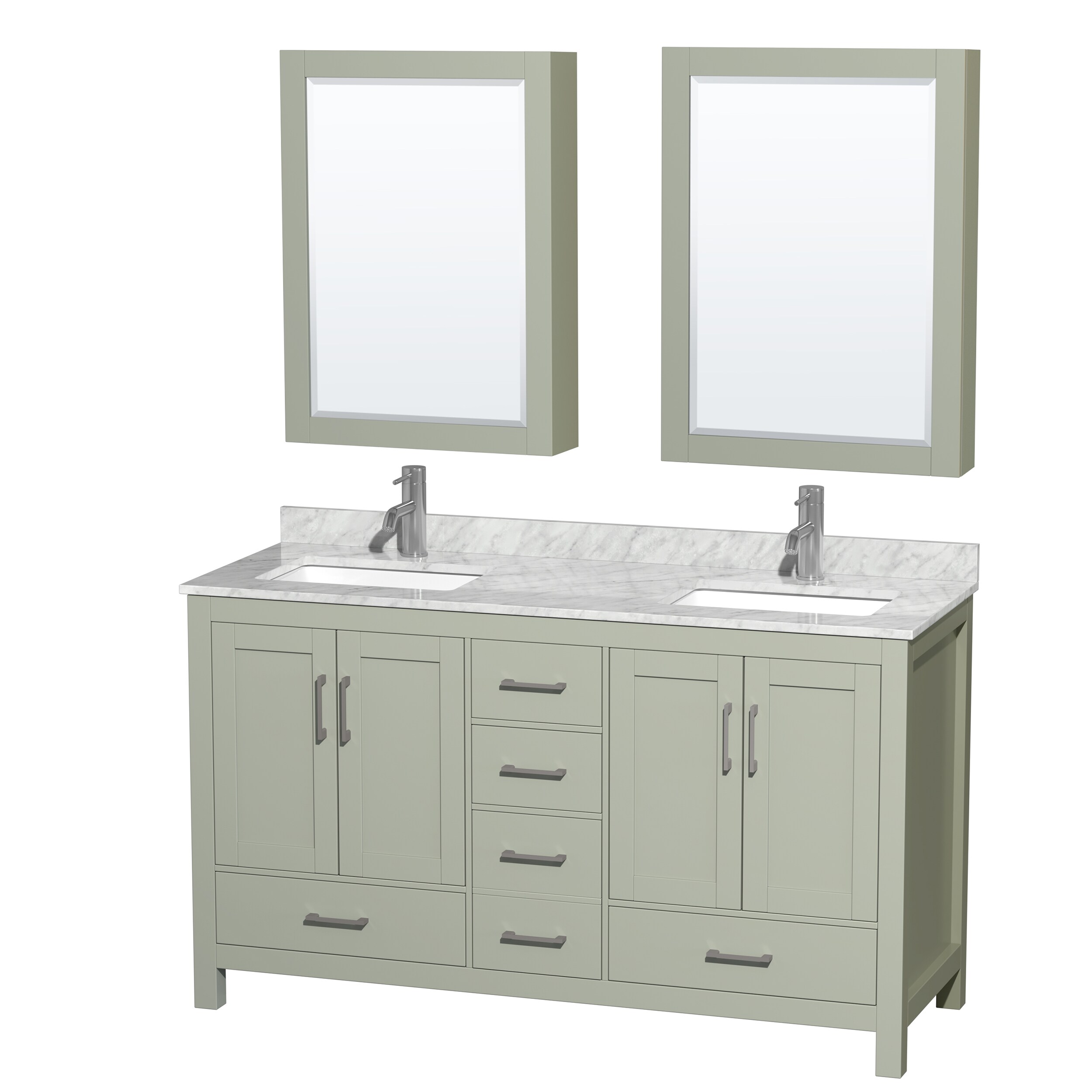 Wyndham Collection WCS141460DLGCMUNSMED Sheffield 60-in Light Green Undermount Double Sink Bathroom Vanity with White Carrara Marble Top (Mirror Included)