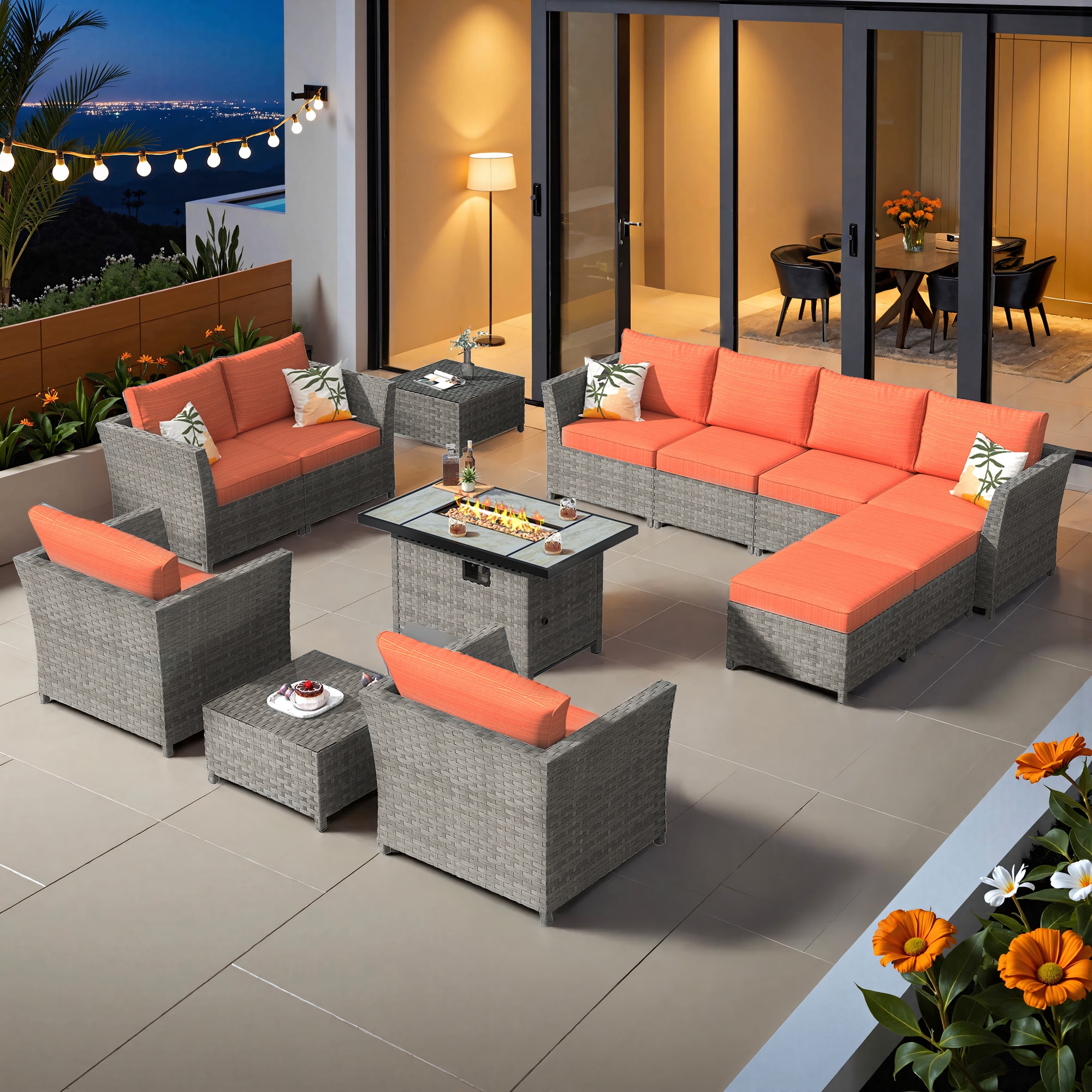 XIZZI XXIBRS805-12CFP Pervinca 13 -Piece Rattan Patio Sofa Conversation Set with Orange Cushions