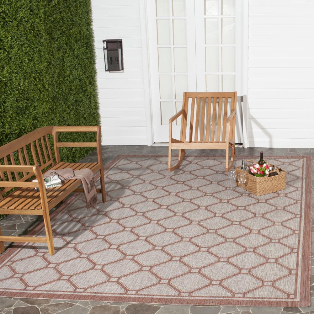 Elegant Red & Beige Rectangular Easy-Care Outdoor Rug