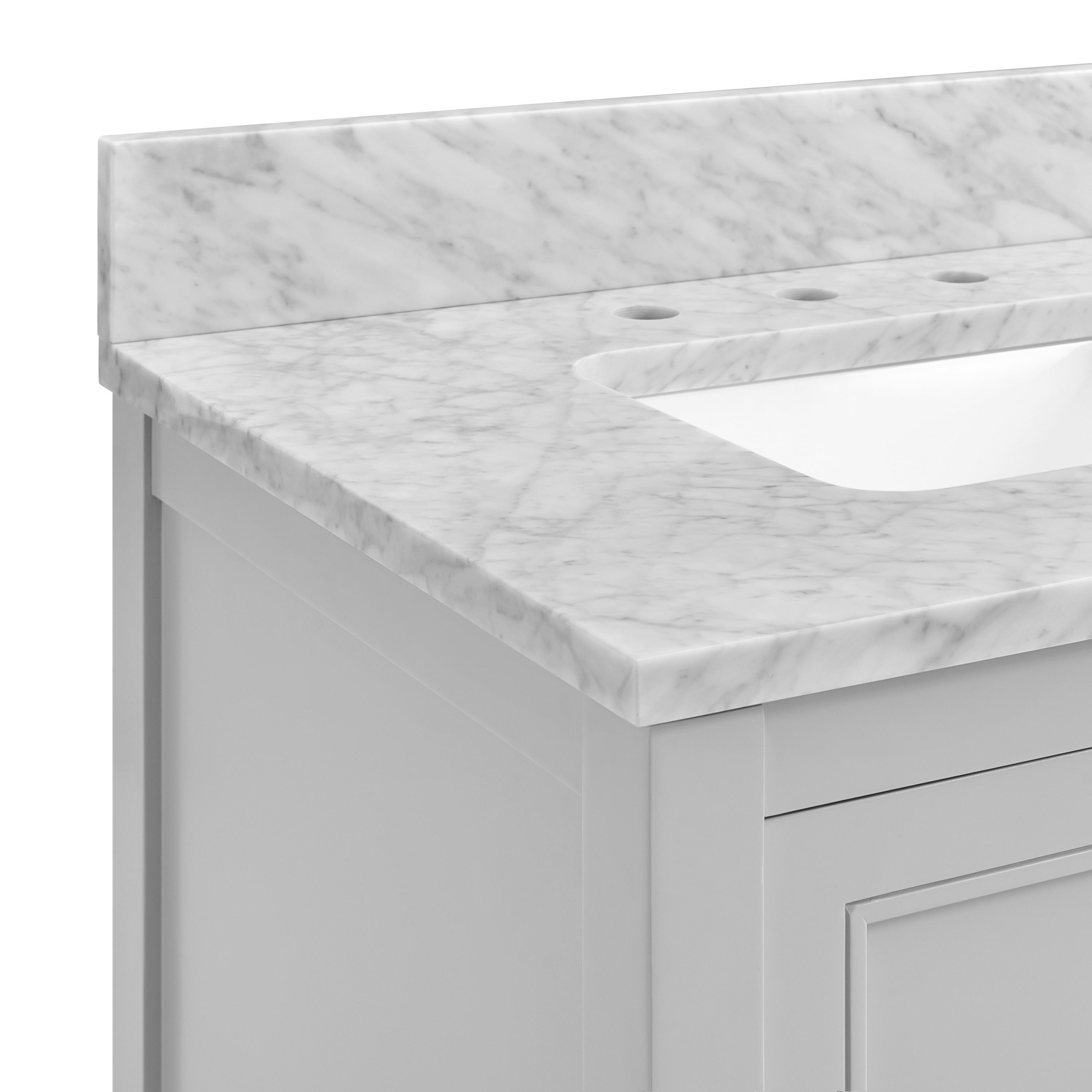 ᐅ【WOODBRIDGE London 60Bathroom Vanity with Engineered Marble White Carrara  Color top 8 faucet holes, Double Rectangle Undermount Sinks, 4 Soft Closing  Doors and 3 full Extension Dovetail Drawers