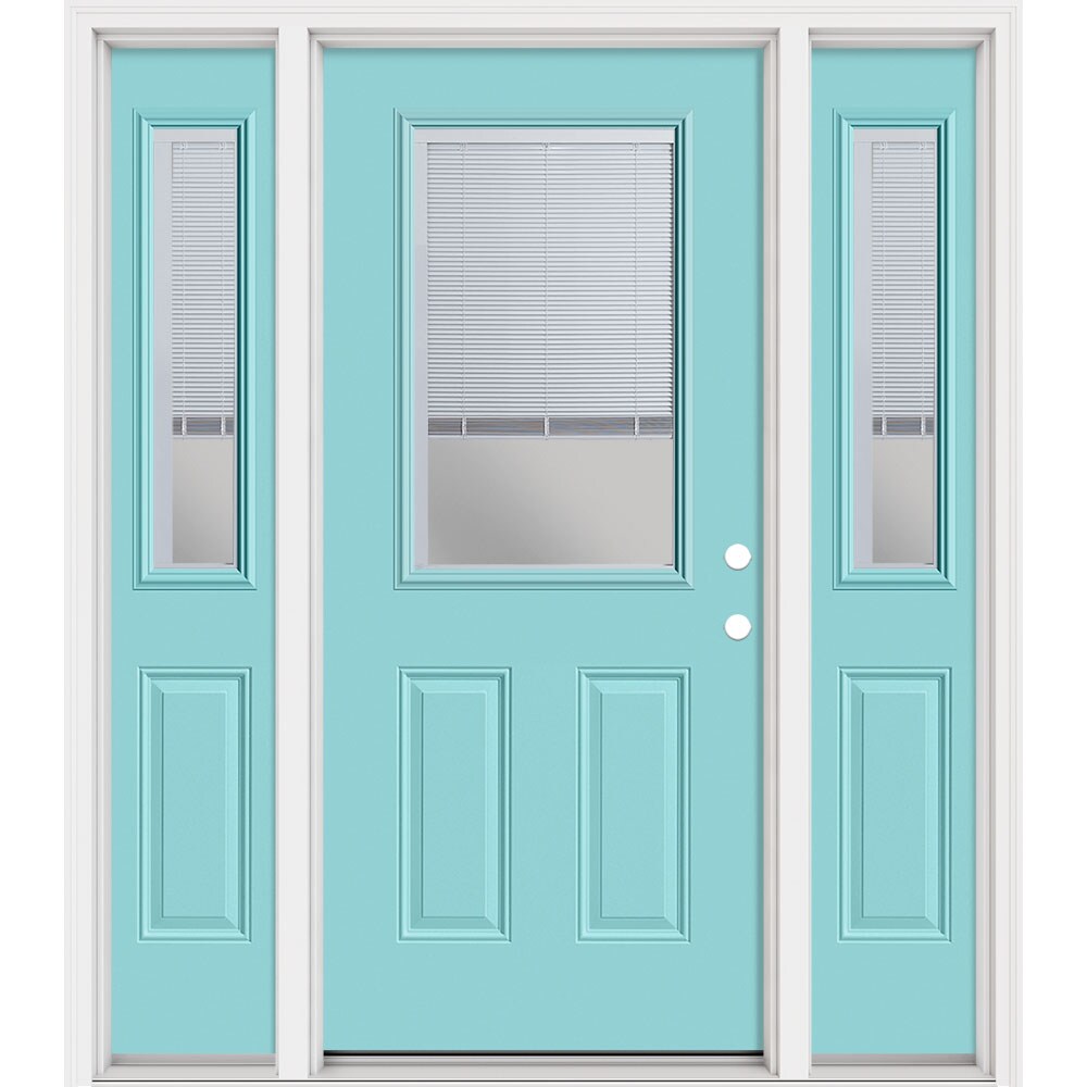 Masonite 321493 Steel Doors Series 64-in x 80-in x 4-9/16-in Steel Half lite Left-hand inswing Caribbean Blue Painted Prehung Front Door with Sidelights with Brickmould Insulating core