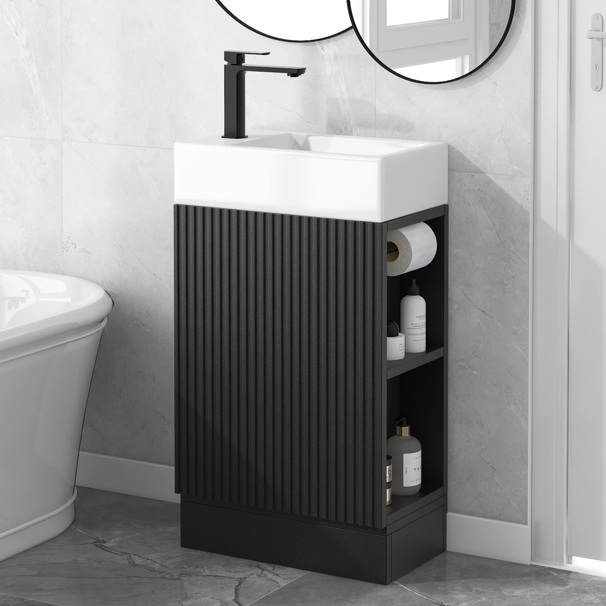 Misty Moon LW0402-212181B 18.6-Inch Bathroom Vanity with Sink Bathroom Vanity Cabinet with Two-tier Shelf Left or Right Orientation Black