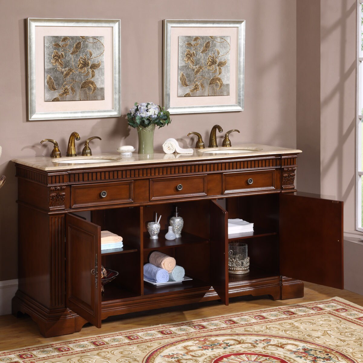 Silkroad Exclusive 67-In Cherry Undermount Double Sink Bathroom Vanity With  Travertine Top At Lowes.Com