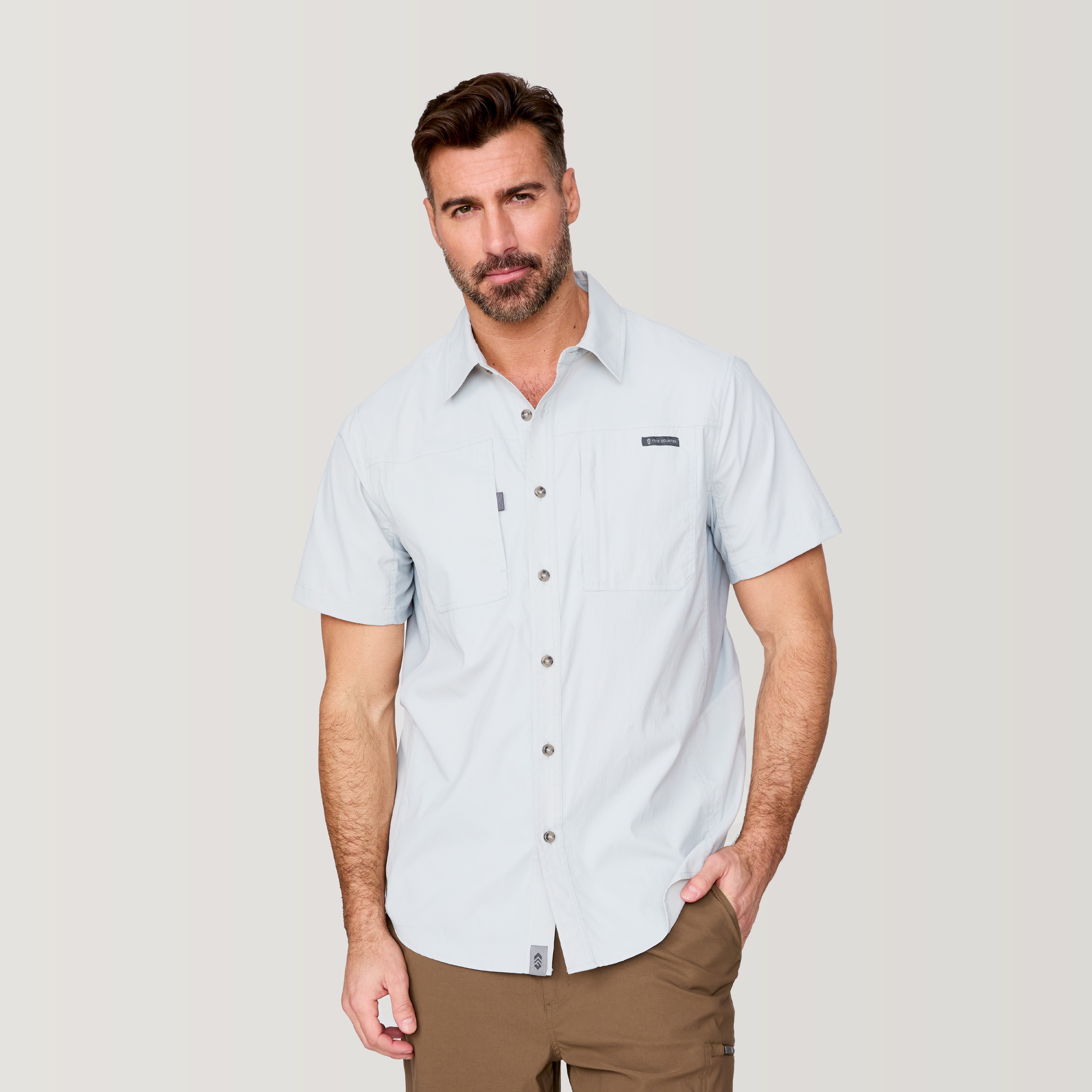 Free Country Men's Gray Woven Short sleeve Solid Button-down shirt ( XL ) #482MAS5206-FOG-XL