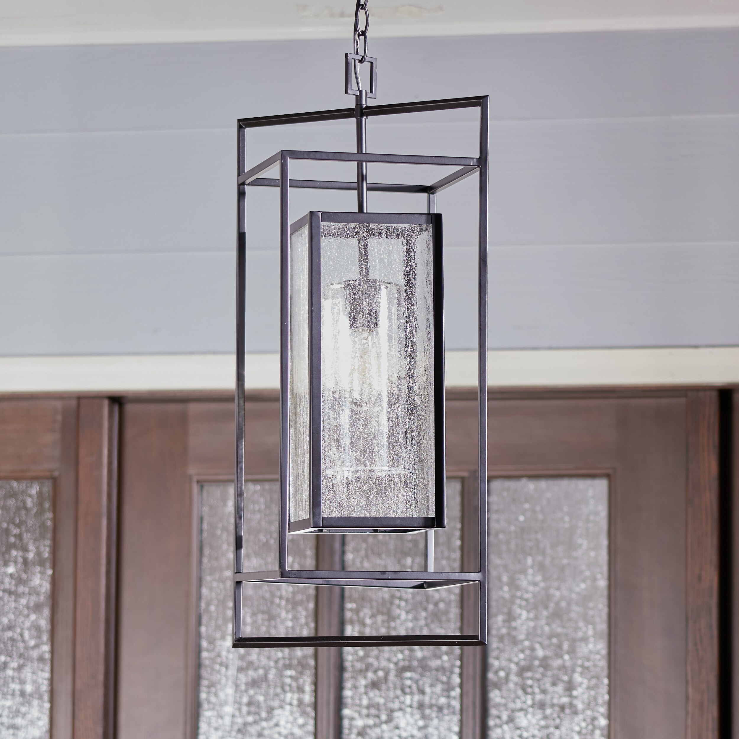 Matte Black Seeded Glass Outdoor Hanging Pendant Light