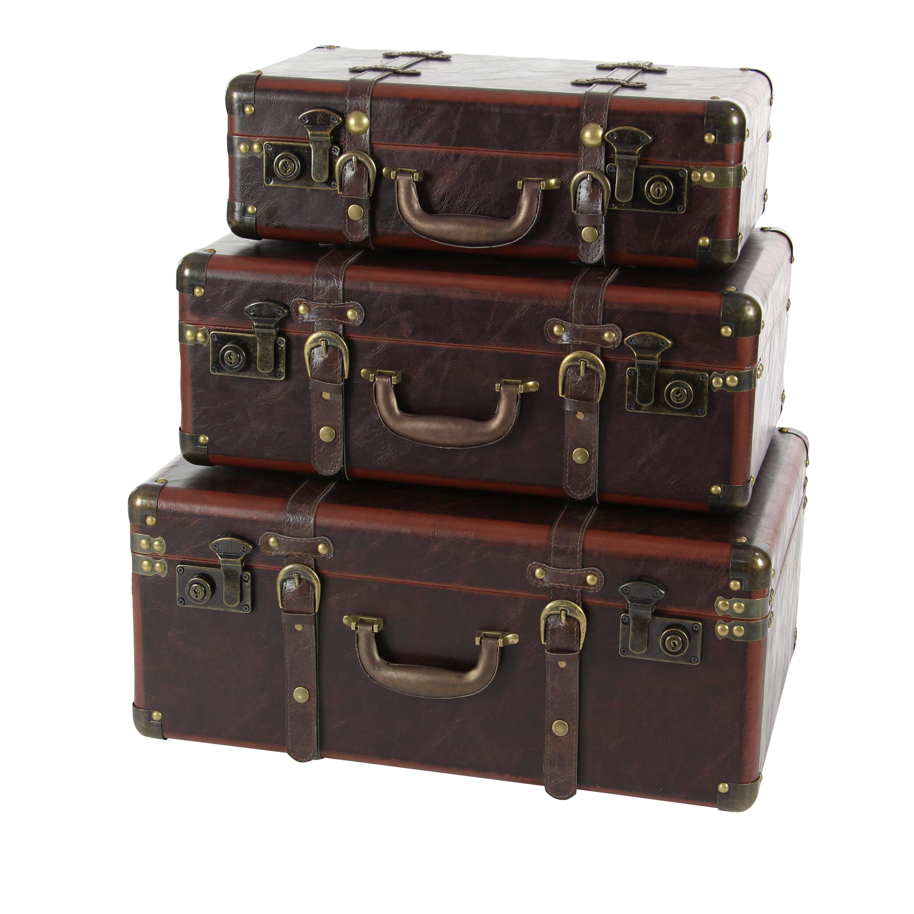 Vintage Charm Nested Faux Leather Trunks, Set of 3, Brown with Stud Accents