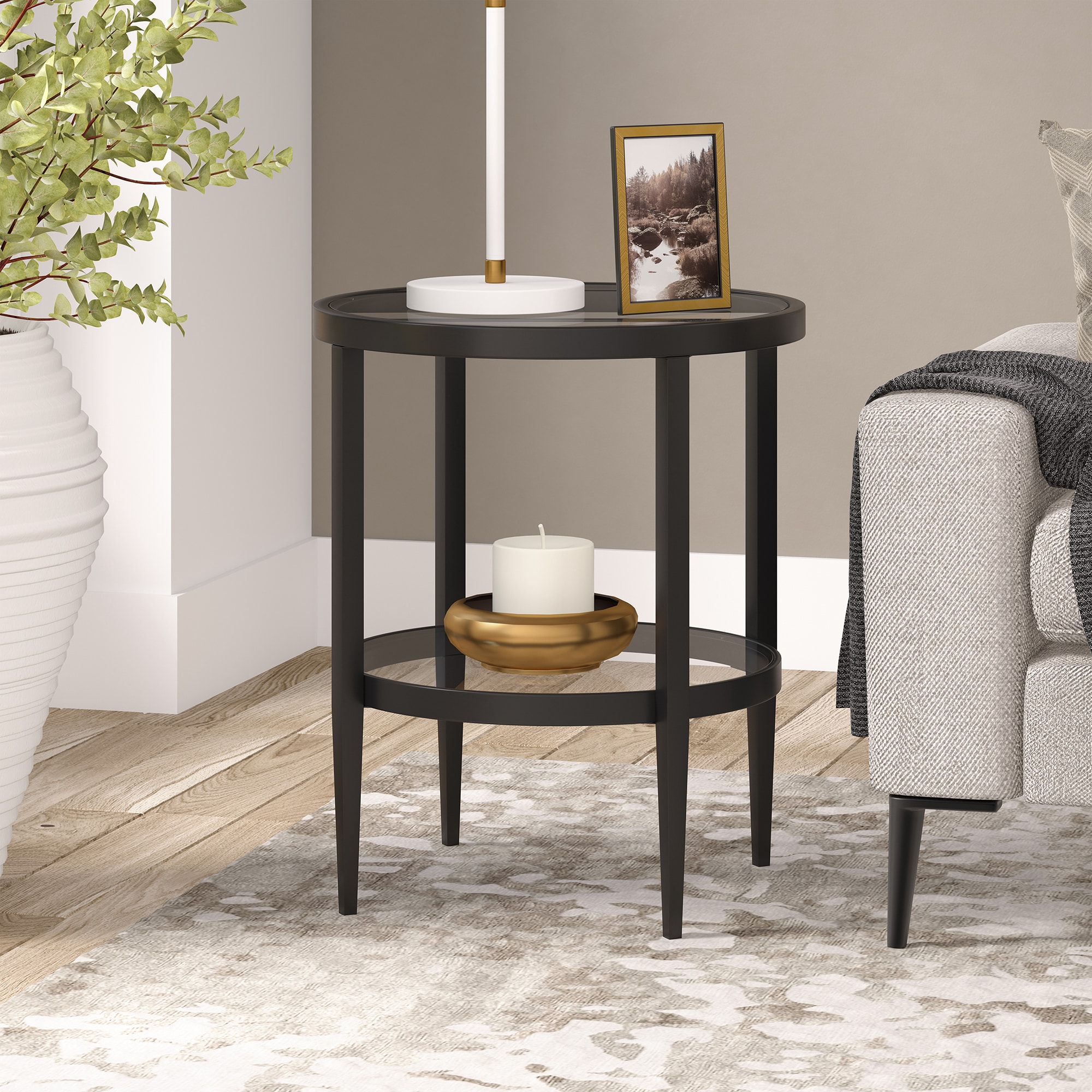 Hailey Home ST1626 Hera 19.63-Inches W x 23.63-Inches H Blackened Bronze Glass Round Modern End Table Assembly Required