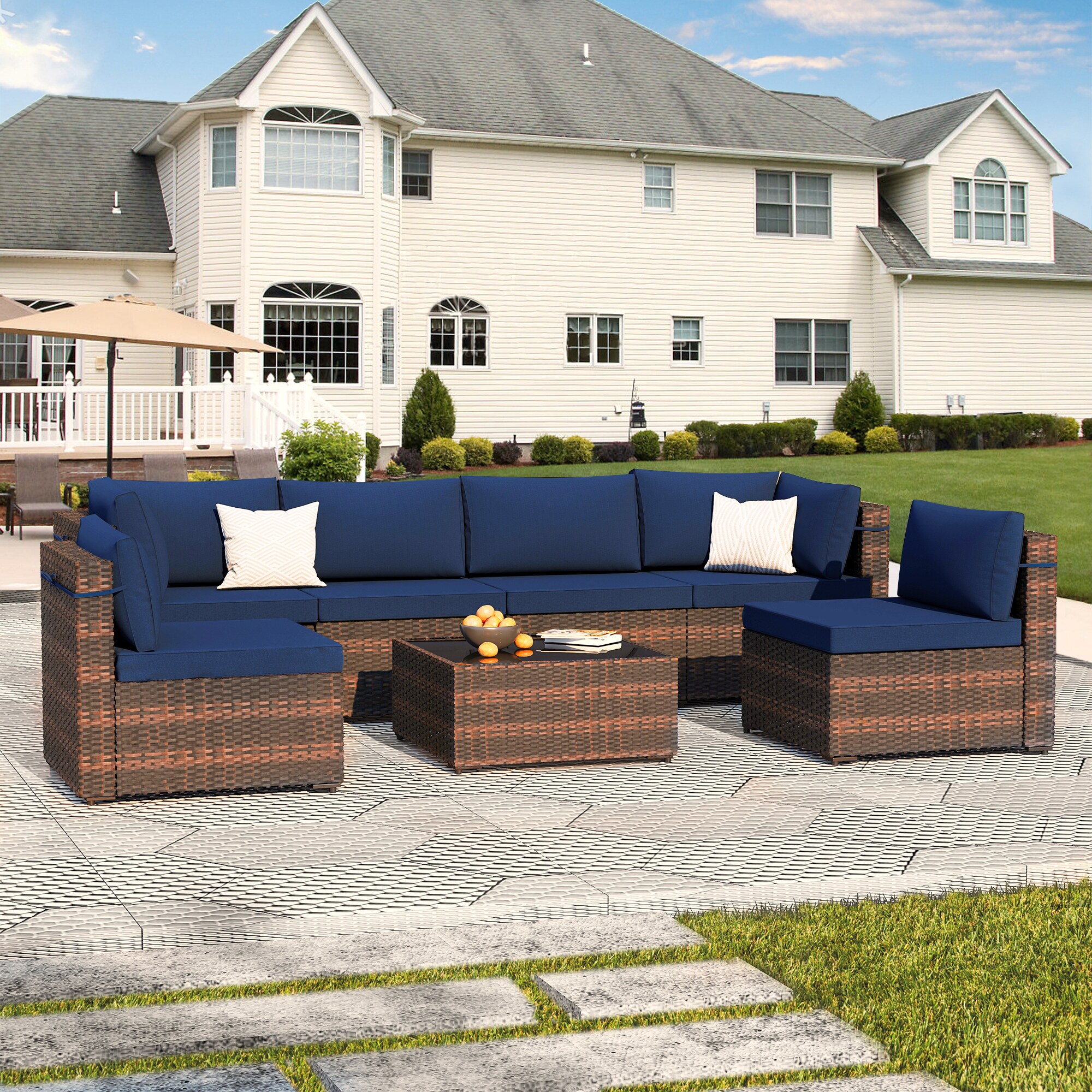 UPHA 7 -Piece Wicker Patio Sofa Conversation Set with Navy Cushions