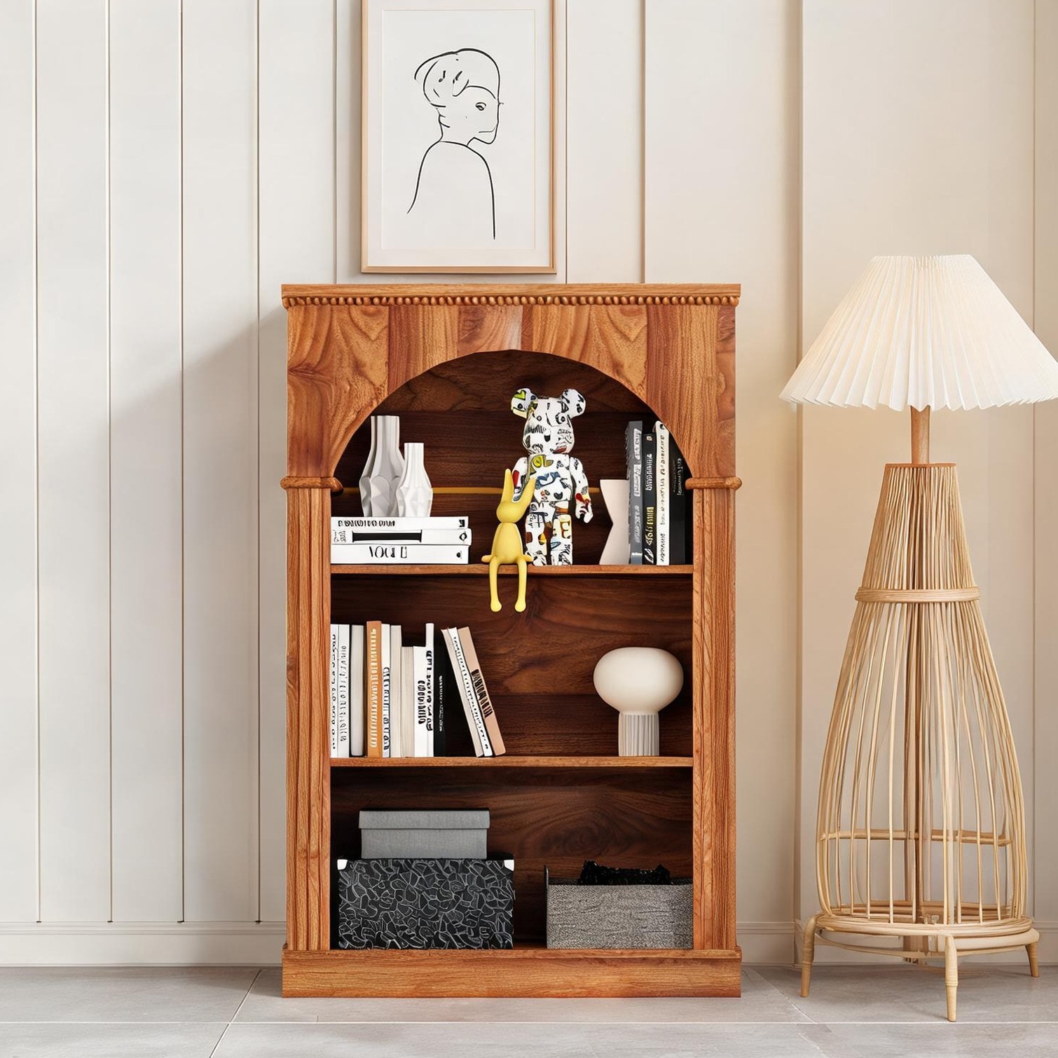 FlowLuxe Light Walnut Wood-Tone Brown 3-Tier Arched Open Bookshelf with Beaded Trim Freestanding Bookcase for Living Room Display