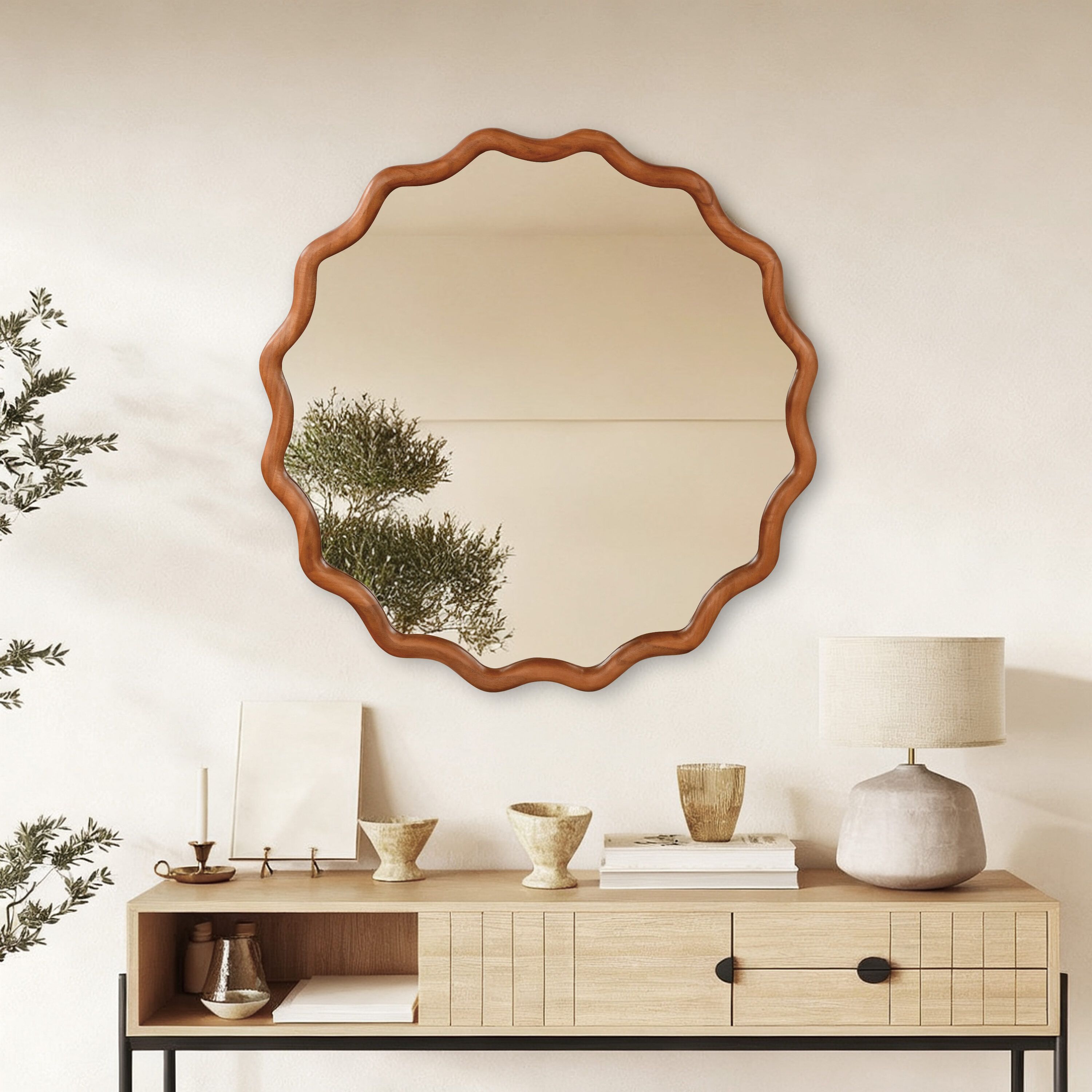 Iseryn 36-in W x 36-in H Irregular Natural Framed Vanity Mirror