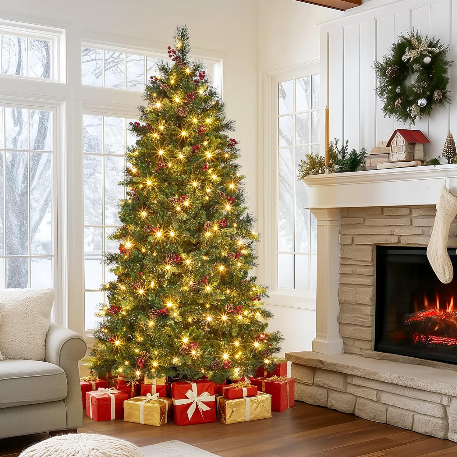 Qeetex DYQ-PHK-35JRHD12 6Ft Artificial Christmas Tree  Arbol De Navidad with Red Berries  Snow Effect Tips  Pine Cones  Xmas Tree for Home  Office  Shop Decoration