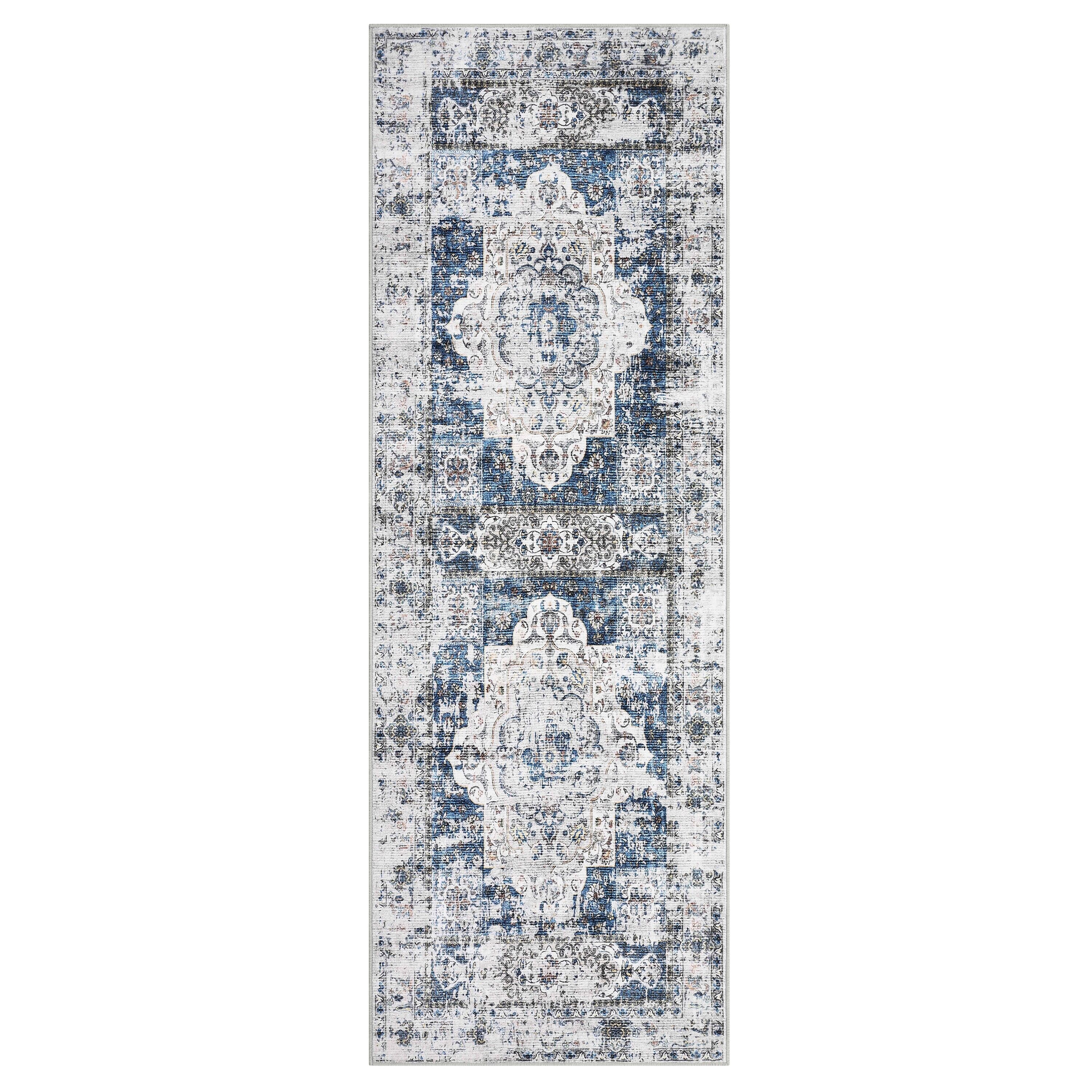 Qeetex SUNNY-PHO-33JMYCVH 2 x 6 ft Polyester Blue Rectangular Laundry Bathroom Kitchen Laundry Floral Medallion Soft Non Slip Vintage Machine Washable Runner Rug