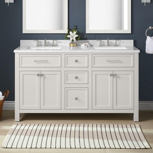 Double Sink Bathroom Vanity With, 60 In White Double Sink Bathroom Vanity With Engineered Stone Top
