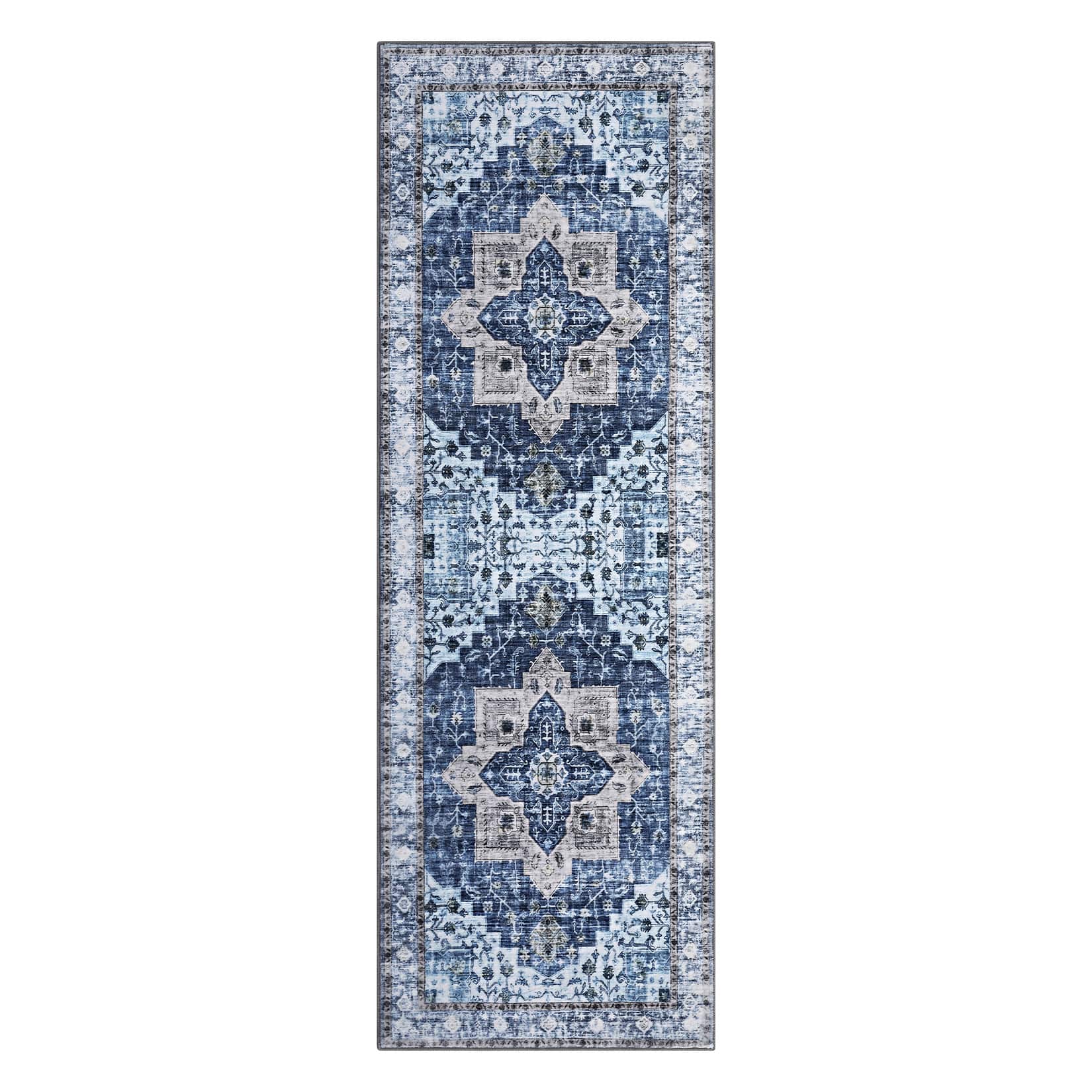 Qeetex LSN-PHO-0Z80H9Q2 2 x 6 ft Polyester Pearl Velvet Blue Rectangular Hallway Bathroom Entryway Kitchen Office Foldable Geometric Printed Modern Washable Area Rug