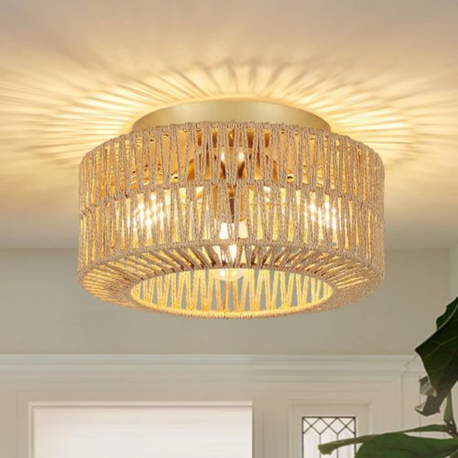 ZHLLMQ 11.8in Gold Base Brown Natural Hand-Woven Rattan Indoor 3 Light Flush Mount Ceiling Light Fixture