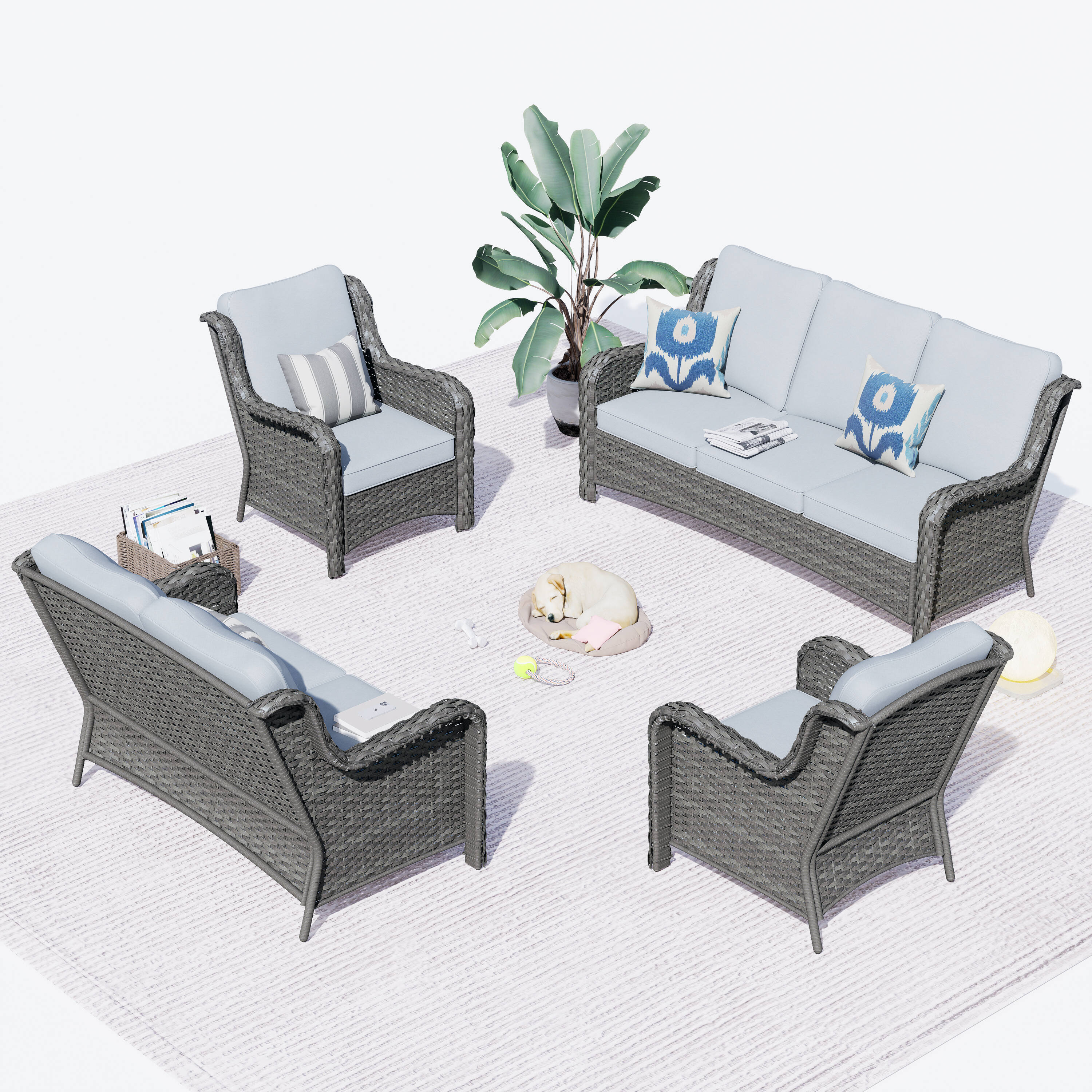 Ovios GNTC4-602 4 -Piece Wicker Patio Sofa Conversation Set with Gray Cushions
