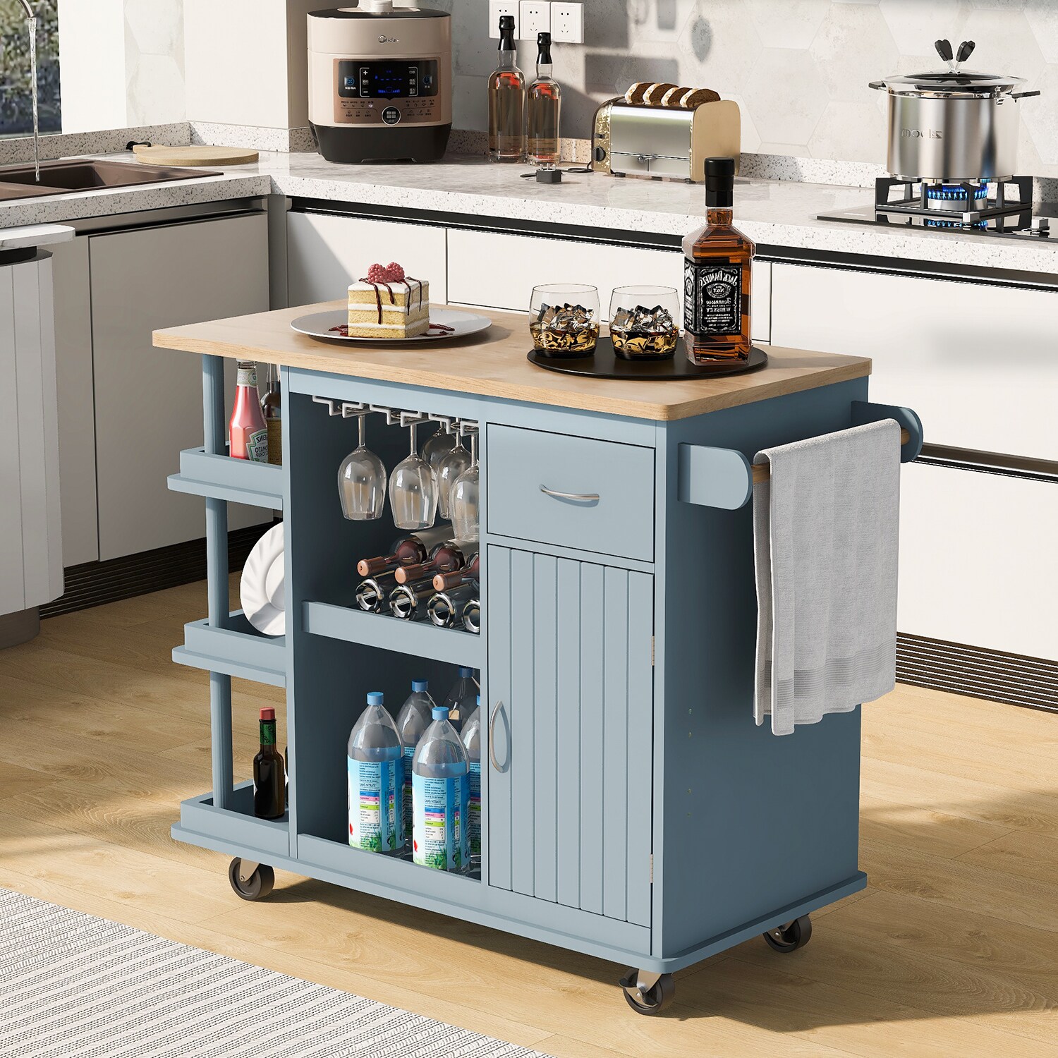 Kitchen Island with Prep Space, and Wine Bottle Storage Cubes