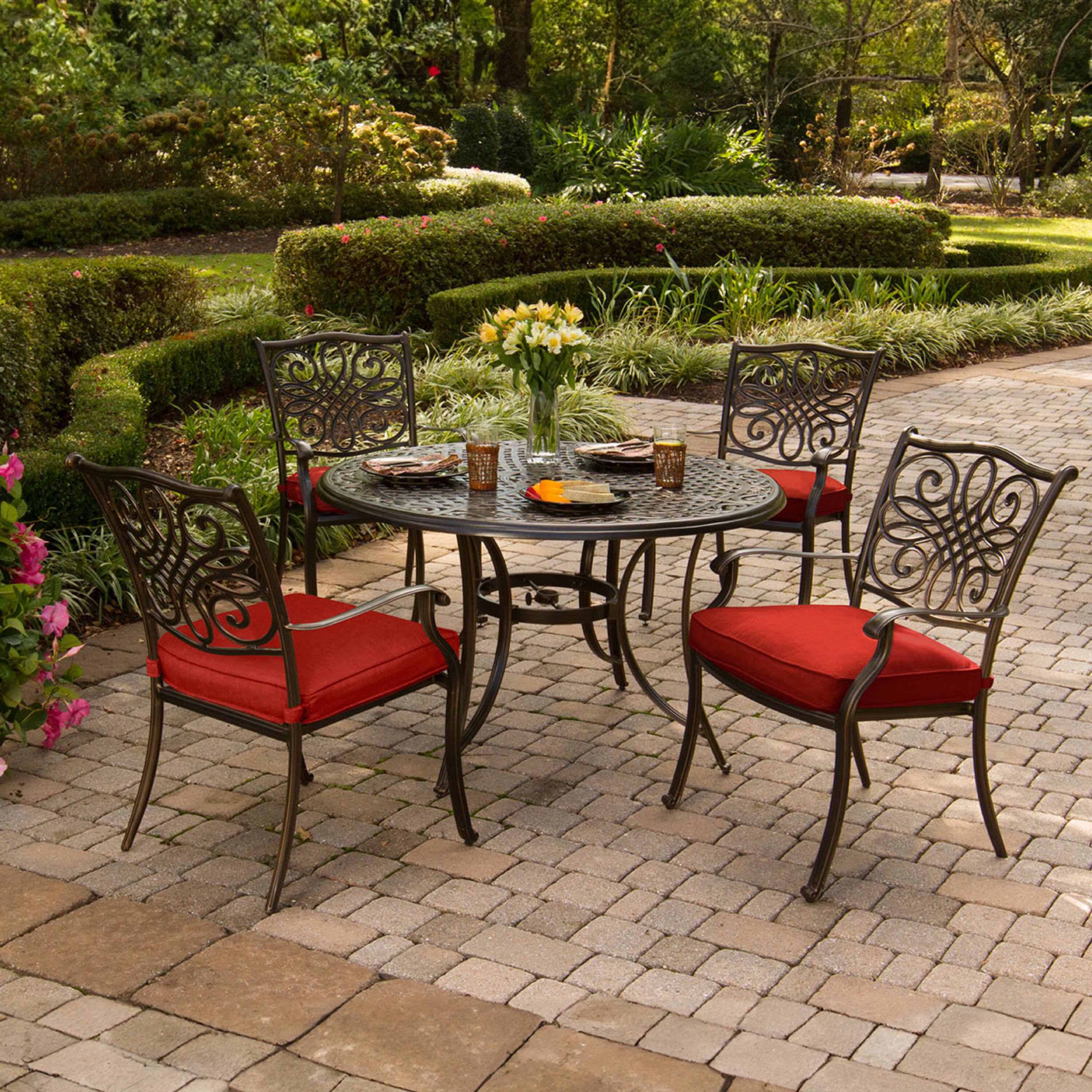 Hanover TRADDN5PC-RED Traditions 5 -Piece Bronze Patio Dining Set Aluminum Round Table with 4 Red Cushions Stationary Chairs