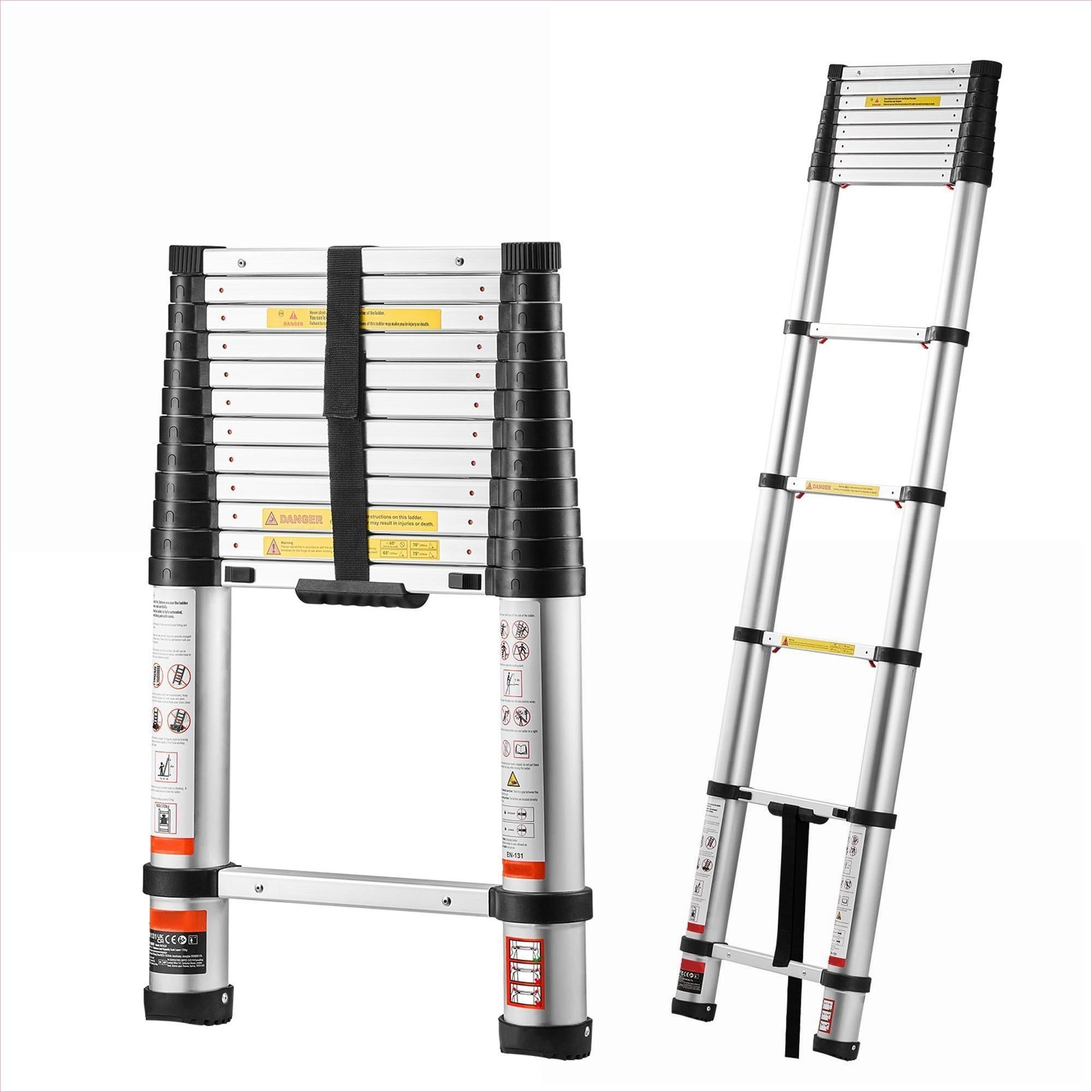 Watnature  12.5ft Brushed Silver Telescoping Ladder Lightweight Aluminum Collapsible One-Touch Retraction Ladder 330LBS Capacity Non-Slip for Home Outdoor Loft Work