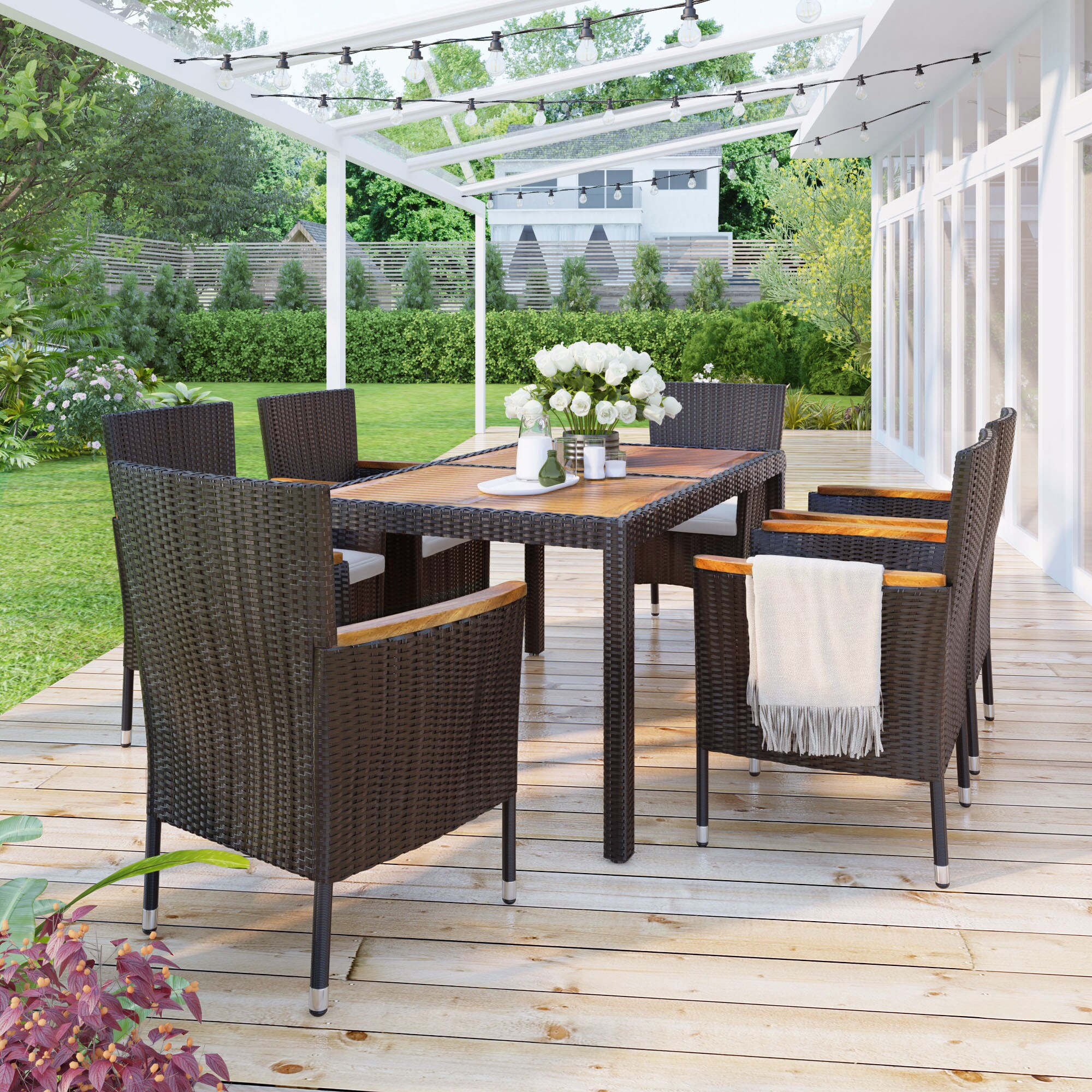 Brown Acacia Wood and Wicker Patio Dining Set with Cushions