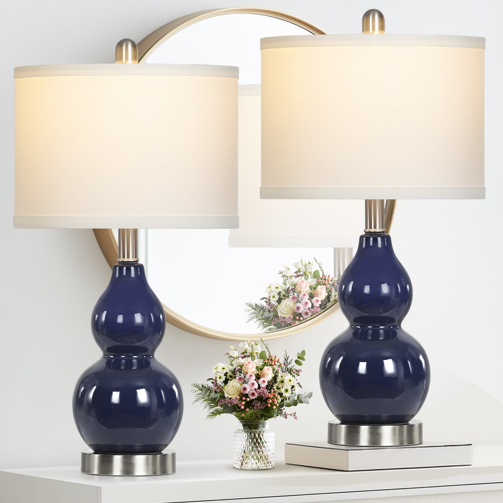 UrFurnishings TD-388 Modern 22-in Dark Blue LED Incandescent Rotary socket Table Lamp with Linen Shade