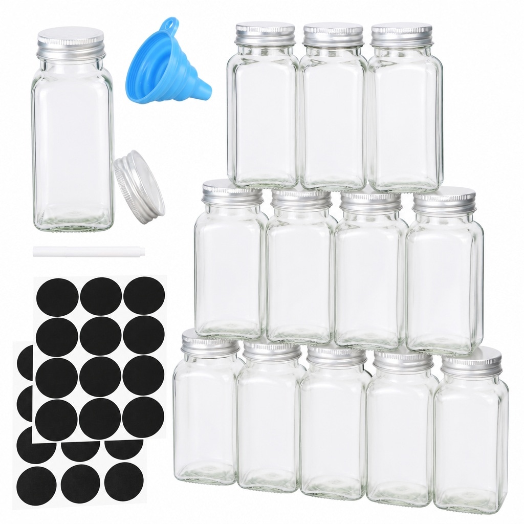 Baginizer 12 Pack 4oz Glass Spice Jars with Metal Caps Shaker Lids Labels Funnel and Marker