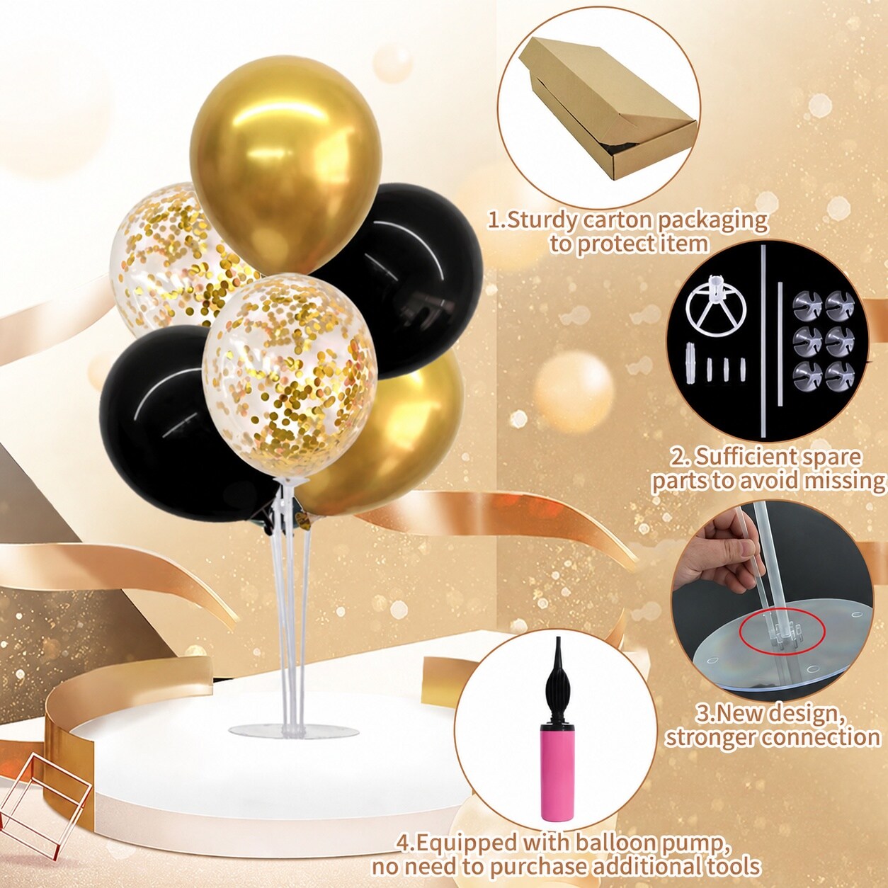 Anqtovp 4 Set Black Gold Balloon Centerpieces Kit for Table Birthday ...