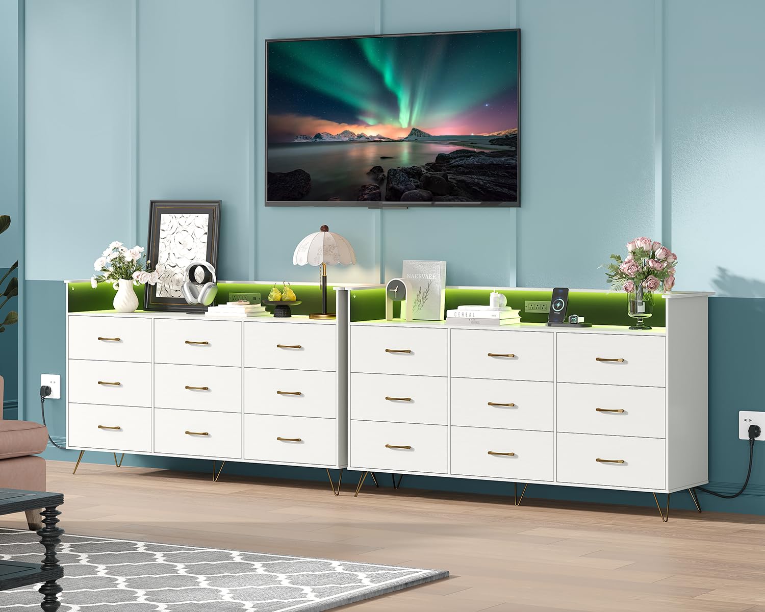 Garvee Modern 9 Drawer Dresser with RGB Lights Charging Station App ...