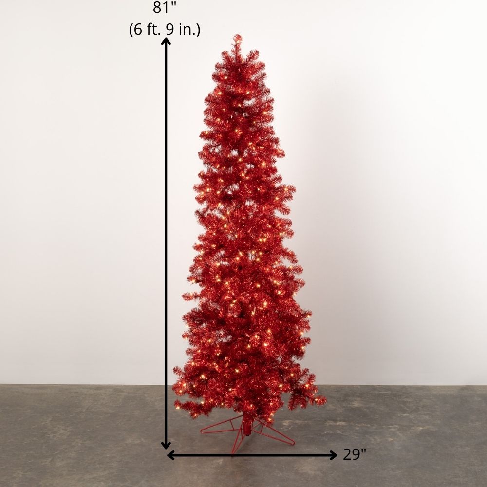 Sullivans 6 75 Ft Tinsel Pre Lit Red Artificial Christmas Tree With Led