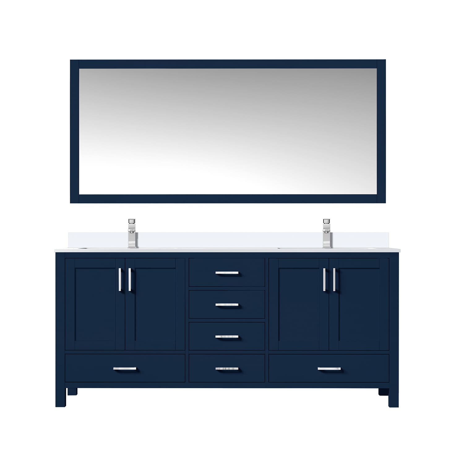 Lexora LJ342272DEWQM70F Jacques 72-in Navy Blue Undermount Double sink Bathroom Vanity with White Quartz Top (Mirror Included) (Faucet Included)