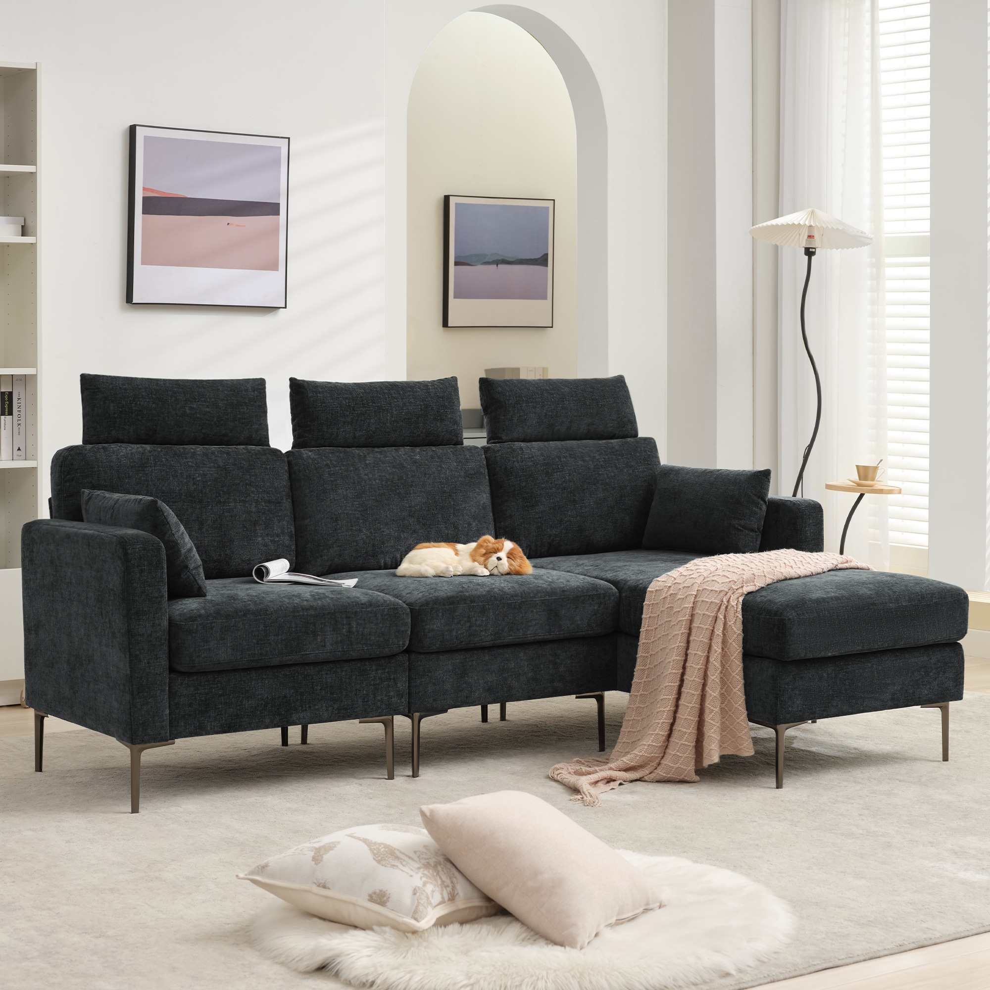 VOUA SAF-XNE3R1G-DG 3-Seat 89-in Modern Dark Gray Microfiber Sectional