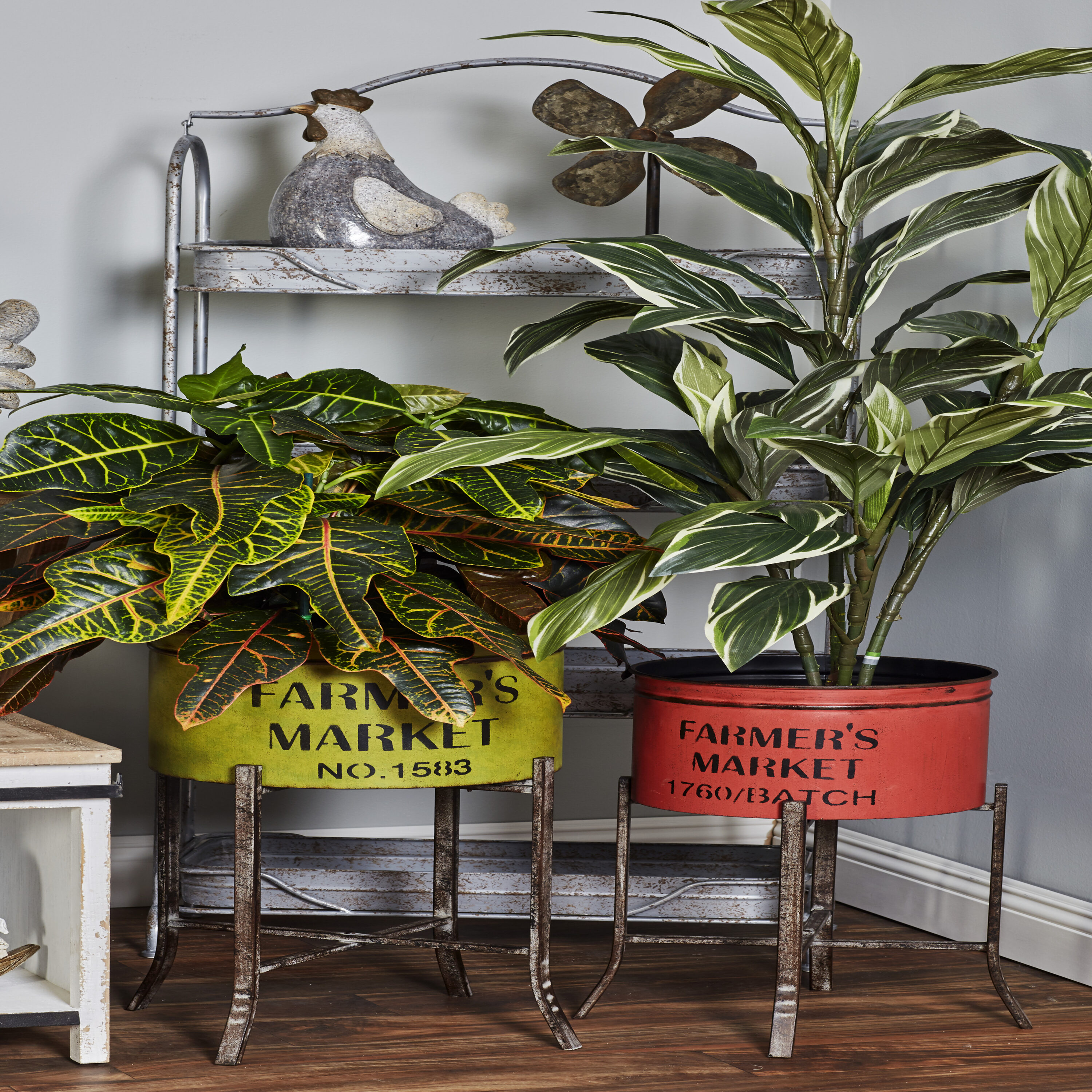 Farmhouse Multi Colored Iron Planters with Stands, Set of 3