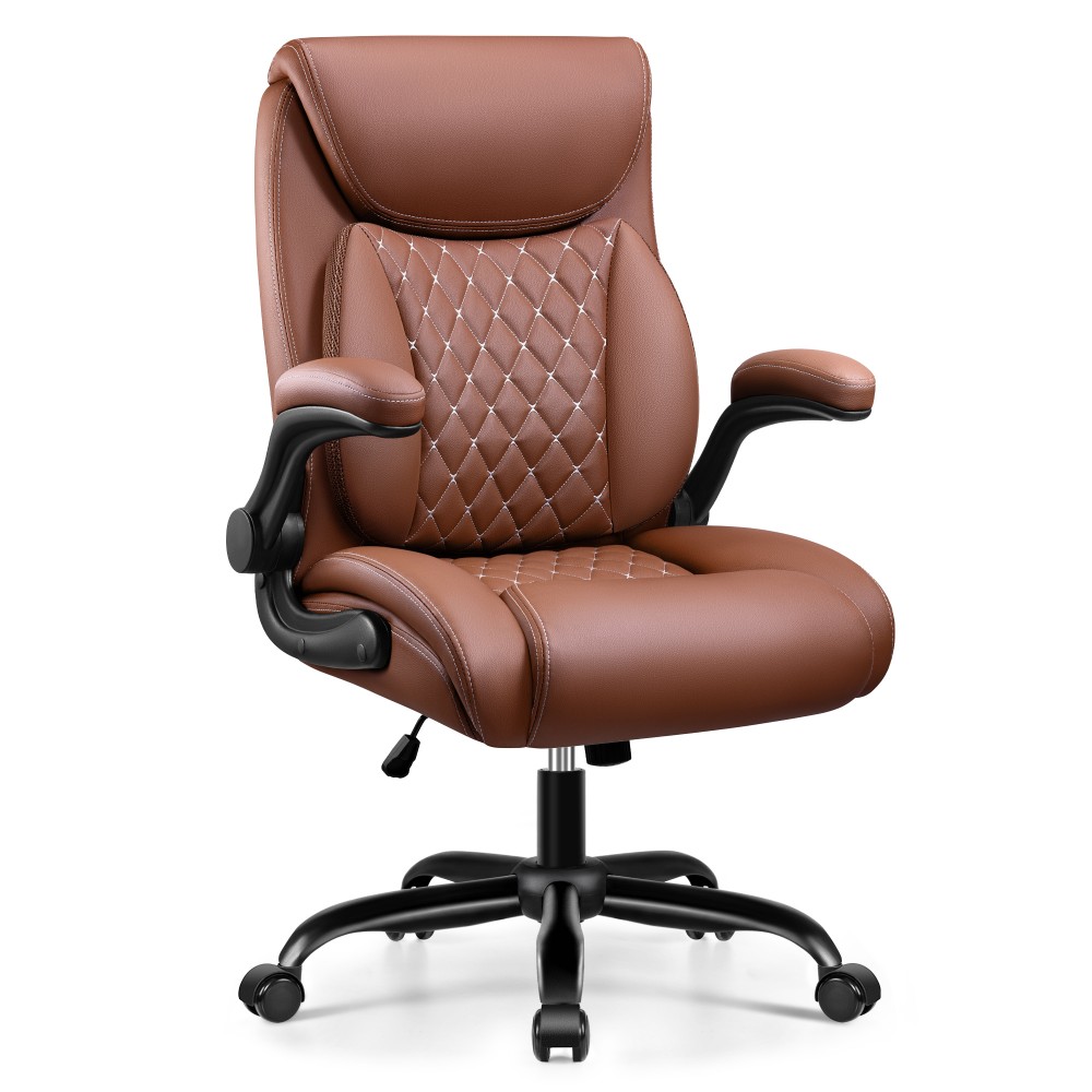 KERDOM Office Chair Ergonomic Office Chair with Lumbar Support for Lower Back Pain Relief Executive Leather Chair with Padded Flipup Arms Wheels and Adjustable Armrests Brown