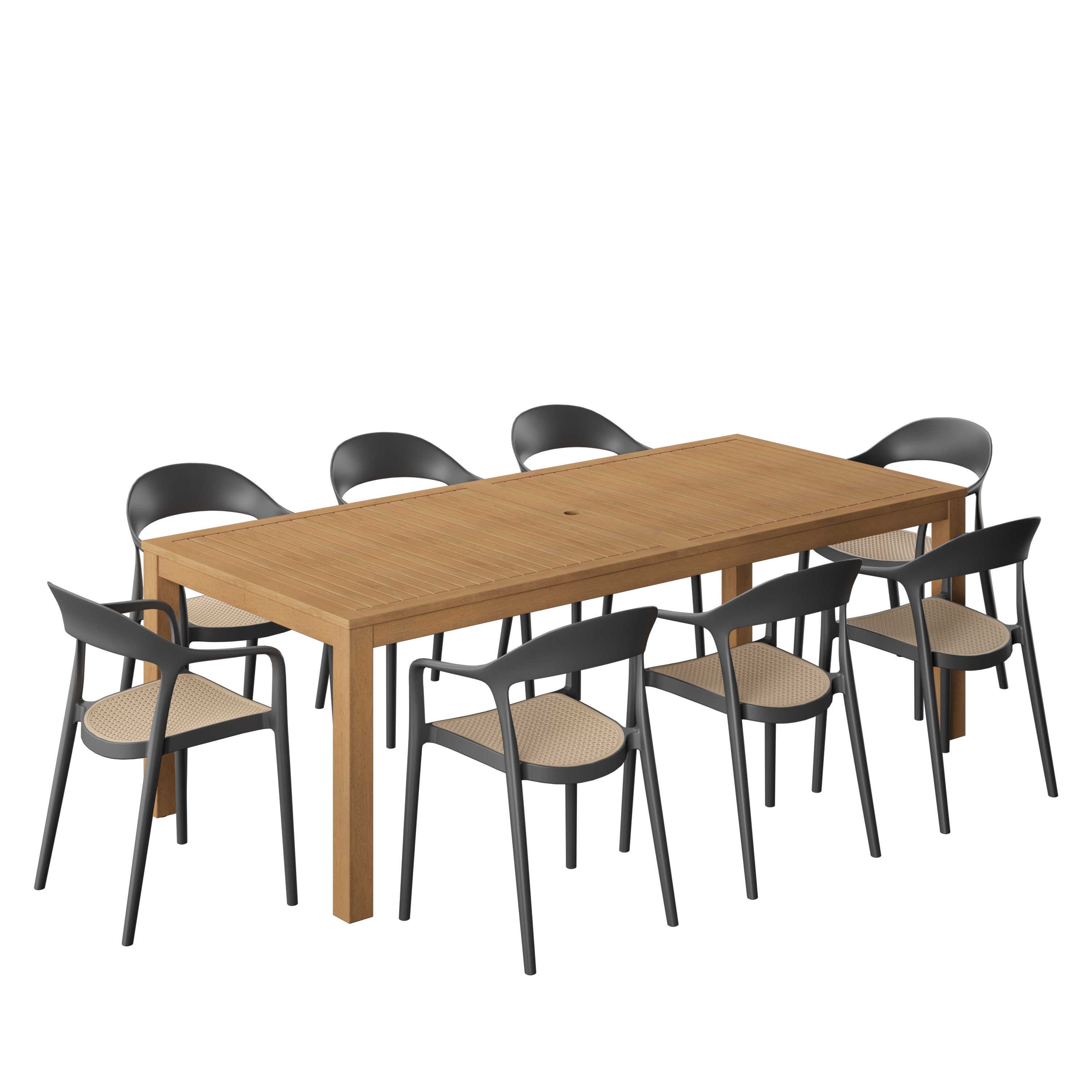 Amazonia LWS-ALALOT-8-CARA-BK 9 -Piece Wood Patio Dining Set Wood Rectangle Table with 8 Stackable Stationary and Motion Chairs