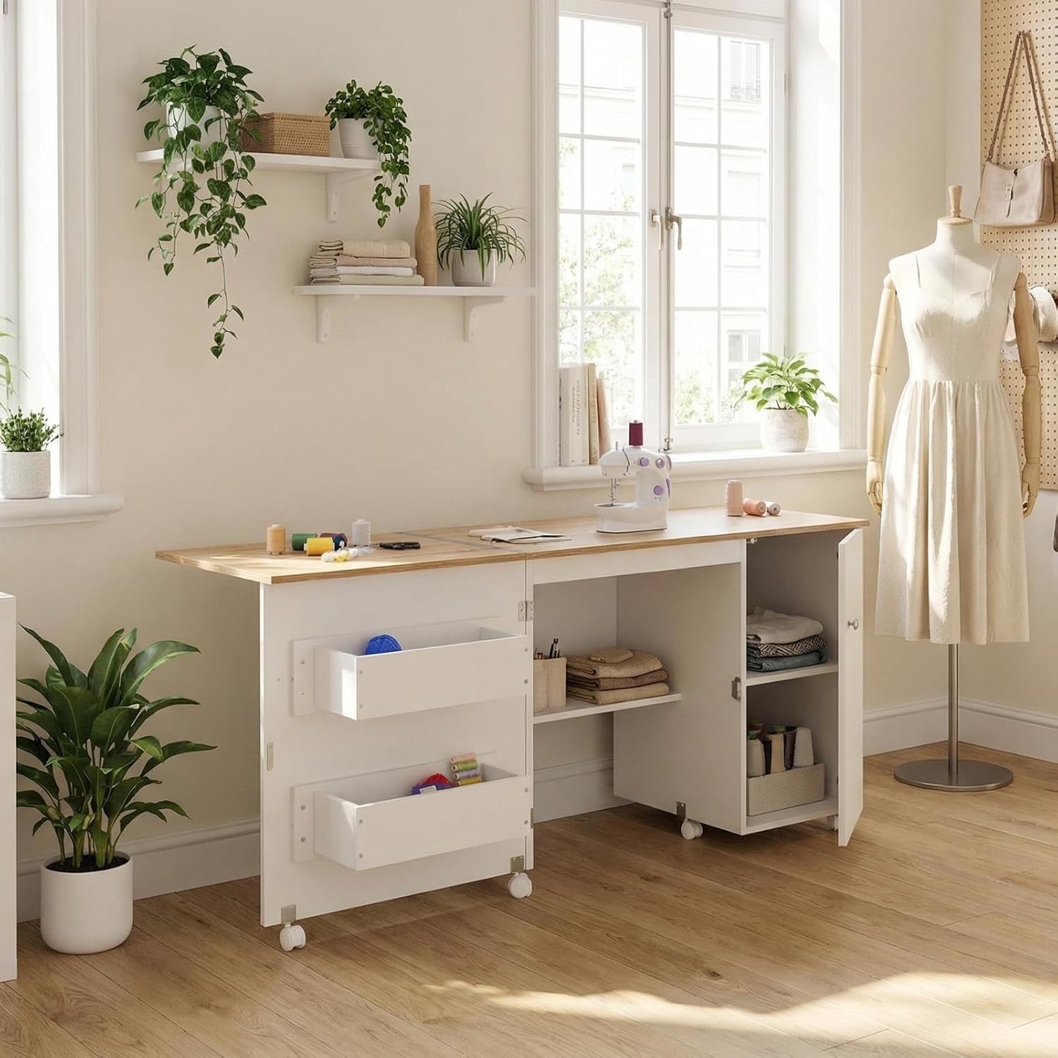 Large Folding Sewing Table Sewing Machine Table with Compact Design Multipurpose Craft Station and Side Desk with Lockable Wheels Storage Shelves Storage Trays Magnetic Locks WhiteYellow