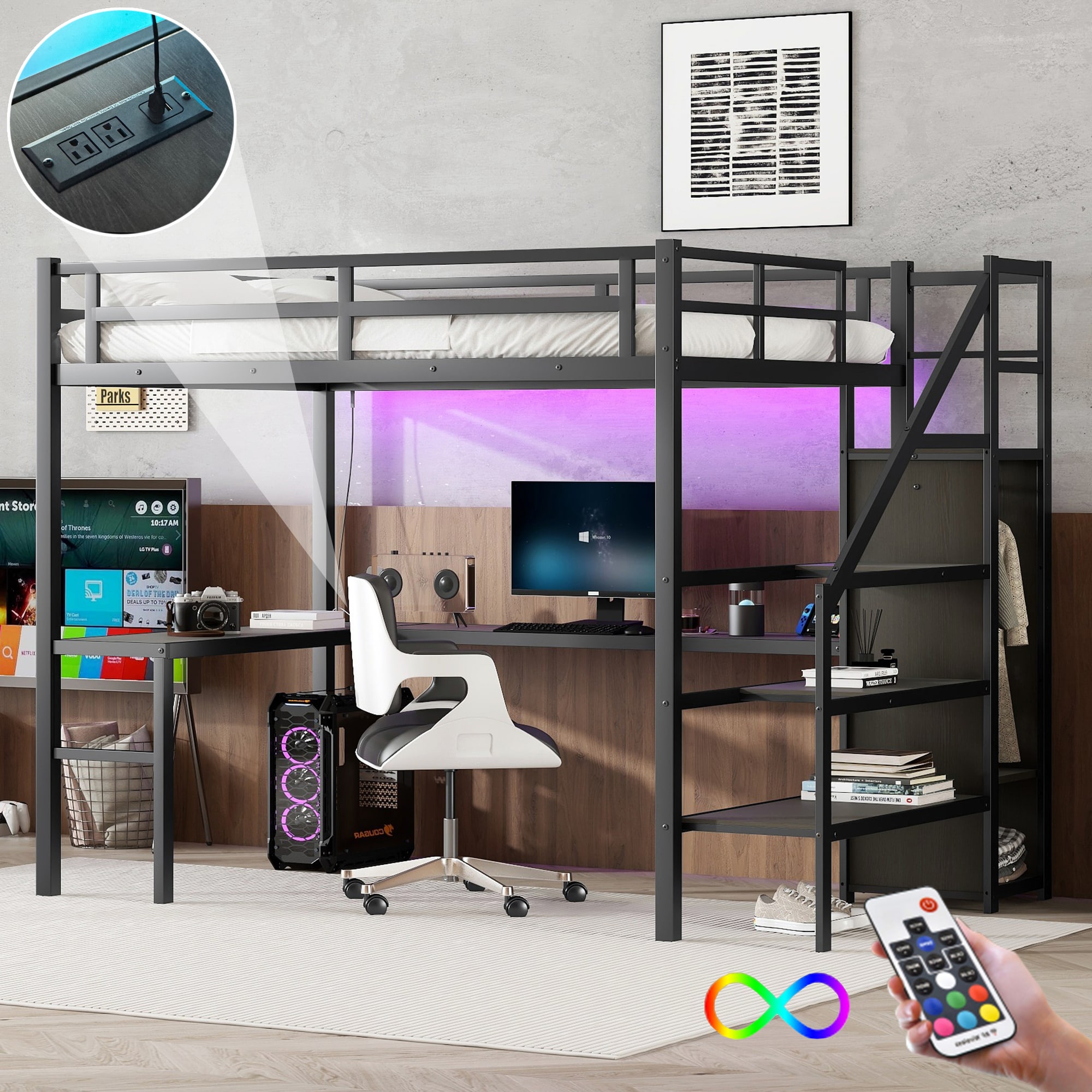 LOVMOR SF-Y-W1580S00047 Full XL Size Loft Bed with L-shaped Desk and USB Metal Loft Bed with Wardrobe and Adjustable Shelf High Loft Bed with LED for Kids Teens Adults Black
