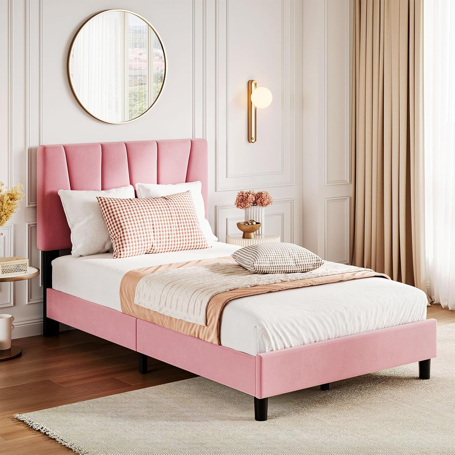 Qeetex LHF-BED-PHO-108YLK8G Queen Bed Frame with Headboard Linen Upholstered Platform Bed with Adjustable Diagonal Channel Tufted Headboard Mattress Foundation with Strong Wooden Slats Box Spring Optional Pink