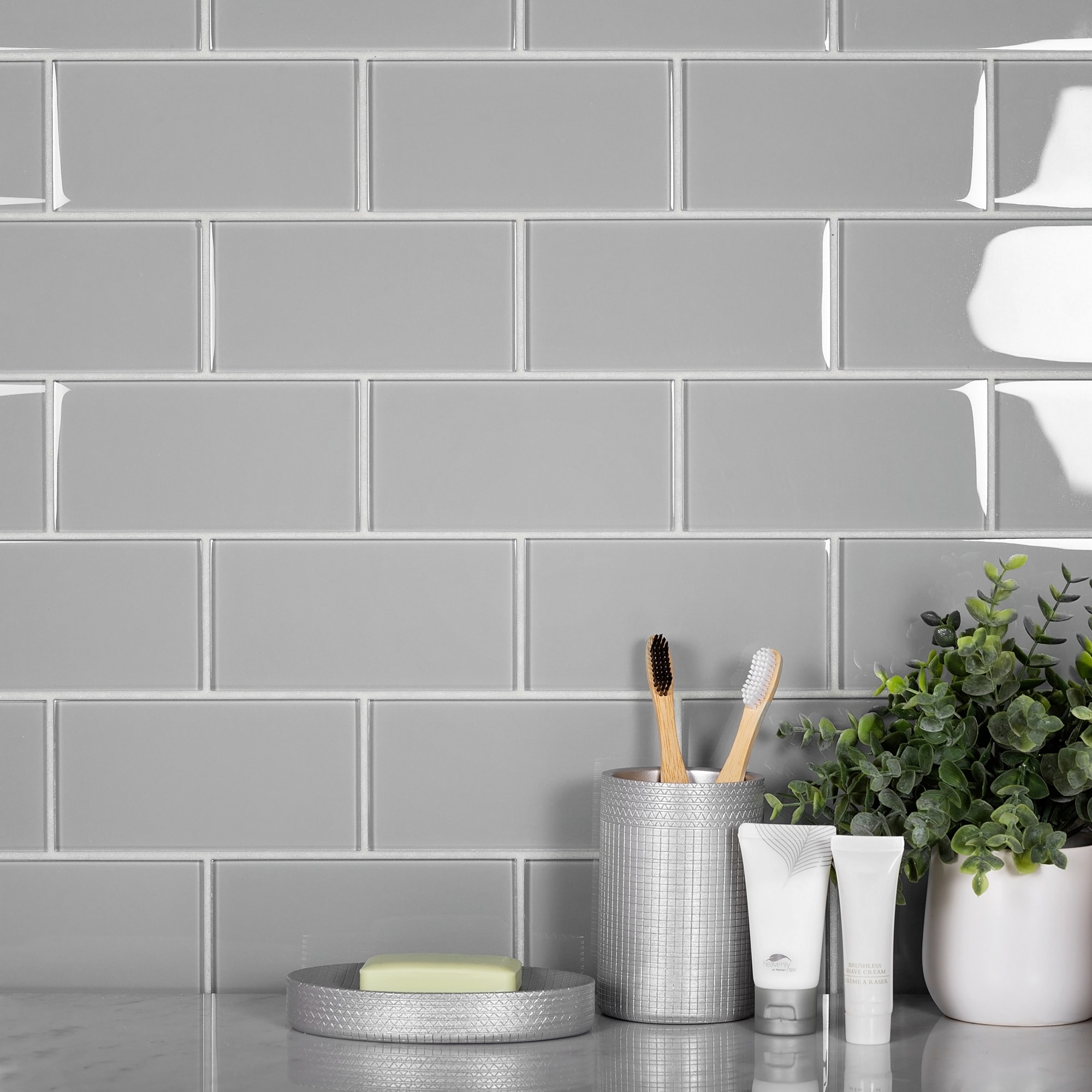 Apollo Tile Gray 3-in x 6-in Glossy Glass Brick Subway Wall Tile (5-sq ...