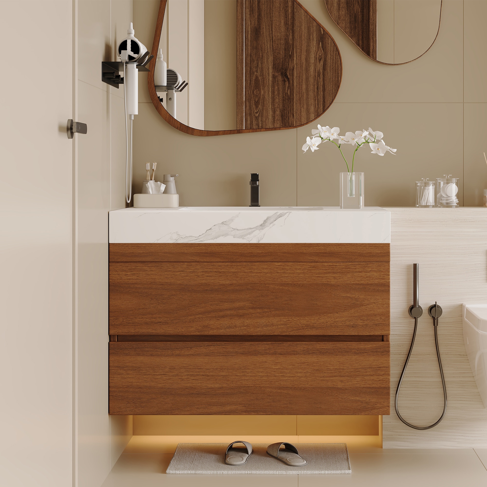 Vanityfus 29.9-in Modern Floating Bathroom Vanity with Faux Marble Top and Ceramic Undermount Sink Wall-Mounted