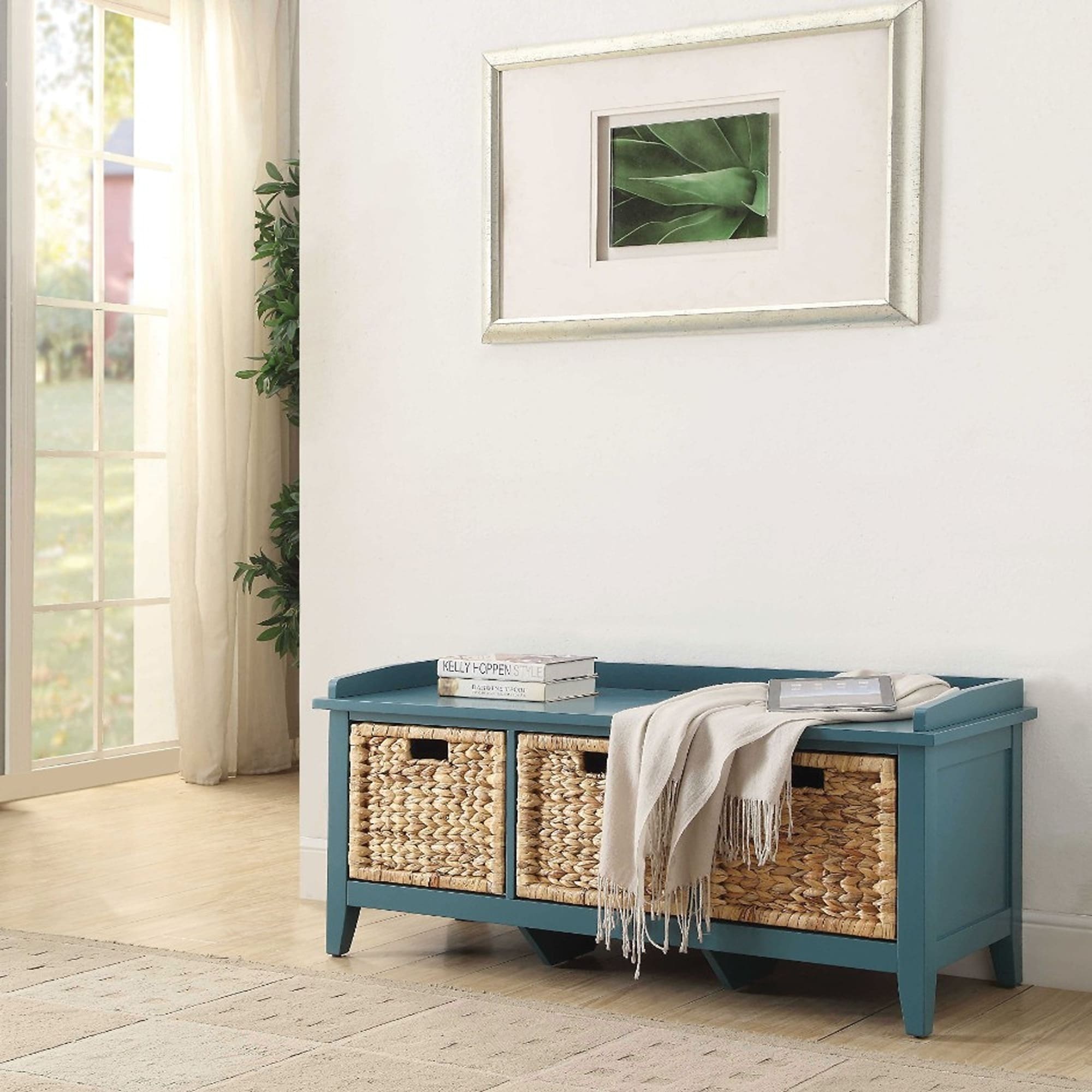 Benzara BM163623 Modern Blue Storage Bench with Storage 43-in x 16-in x 19-in